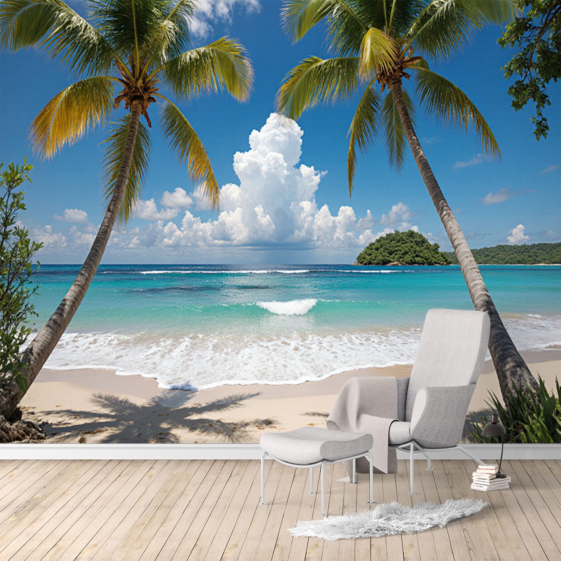 Custom Size Wall Murals, Tropical Beach Palm Trees Ocean Waves Island, Removable Self Adhesive Large Photo Wallpaper for Living Room Bedroom Office