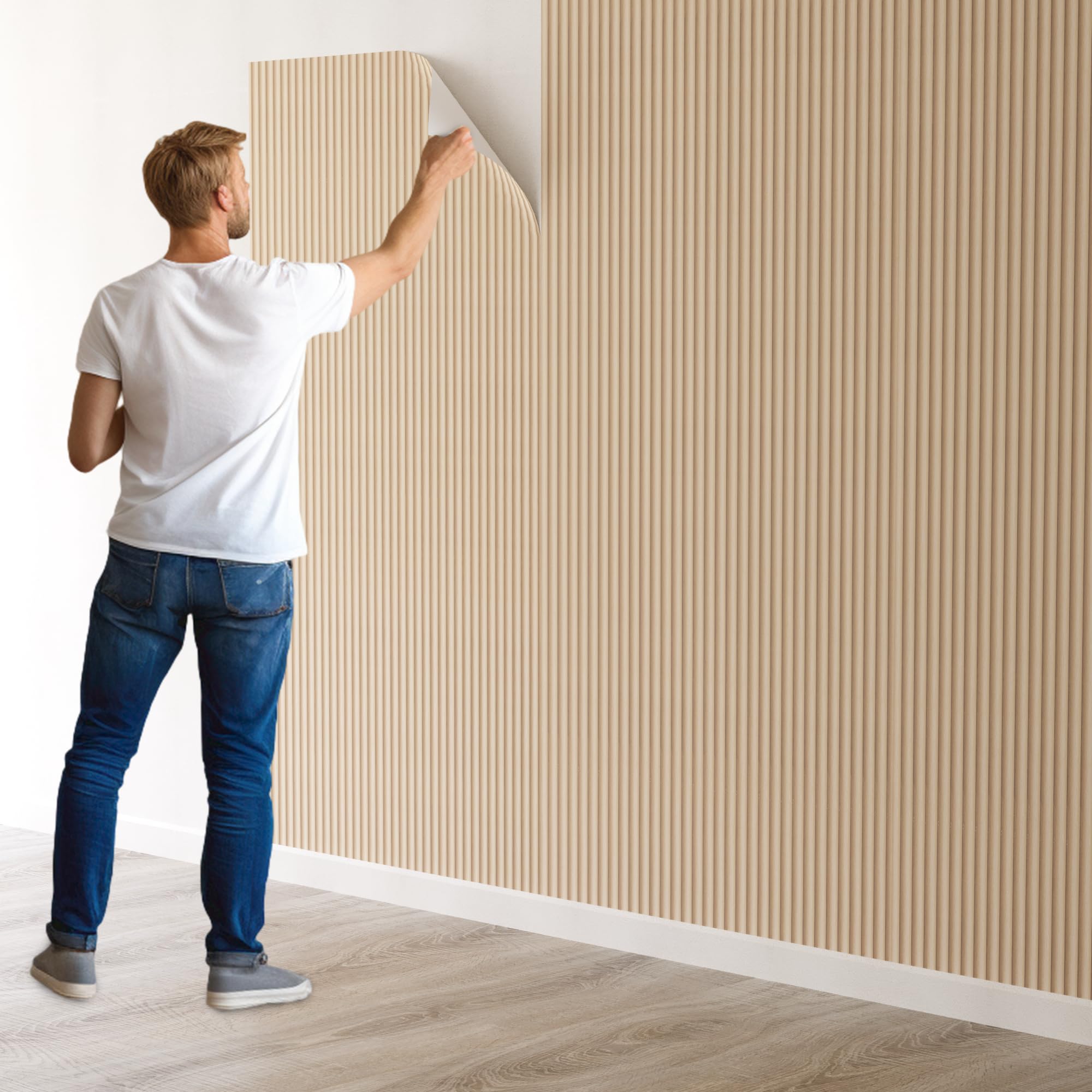 Oxdigi Wood Slat Peel and Stick Wallpaper - 23.6" X 196" (32.3 Sq. Ft.) - 3D Pattern, Self-Adhesive PVC, Removable, Renter-Friendly, Vintage and Modern Contact Paper, Nature Oak