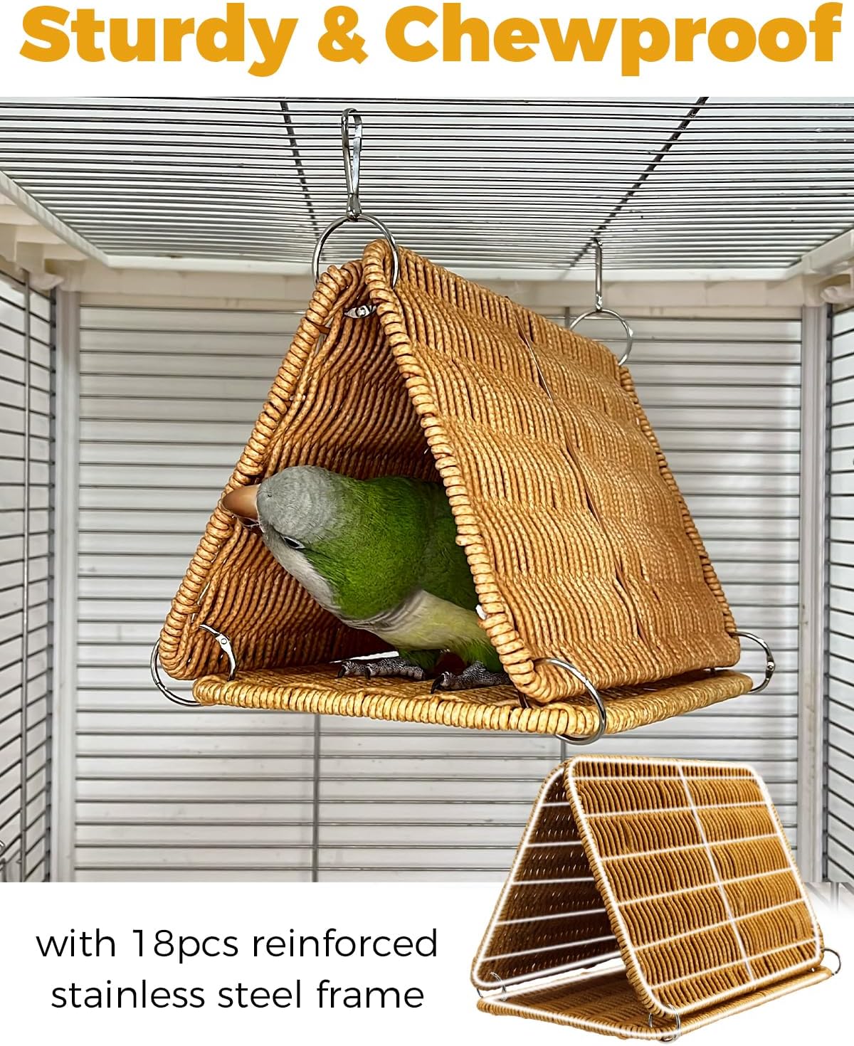 Chewproof Steel Frame & Seagrass Bird Nest Hammock for Small Medium Parrots with Ladder & Toys
