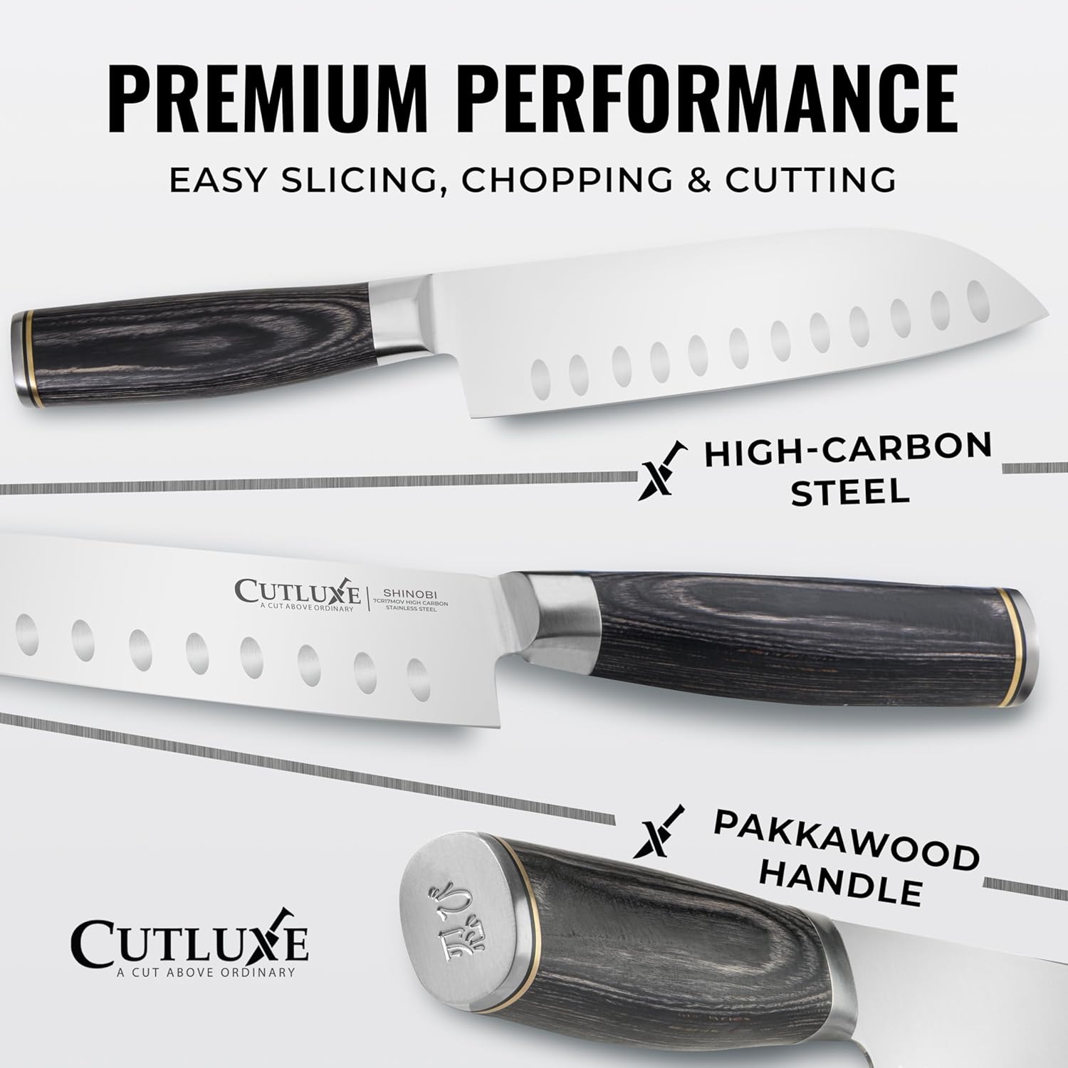 Santoku Knife – Ultra Sharp 7 Inch Meat and Vegetable Japanese Knife for Chopping, High Carbon Stainless Steel Blade, Full Tang Pakkawood Handle – Shinobi Series