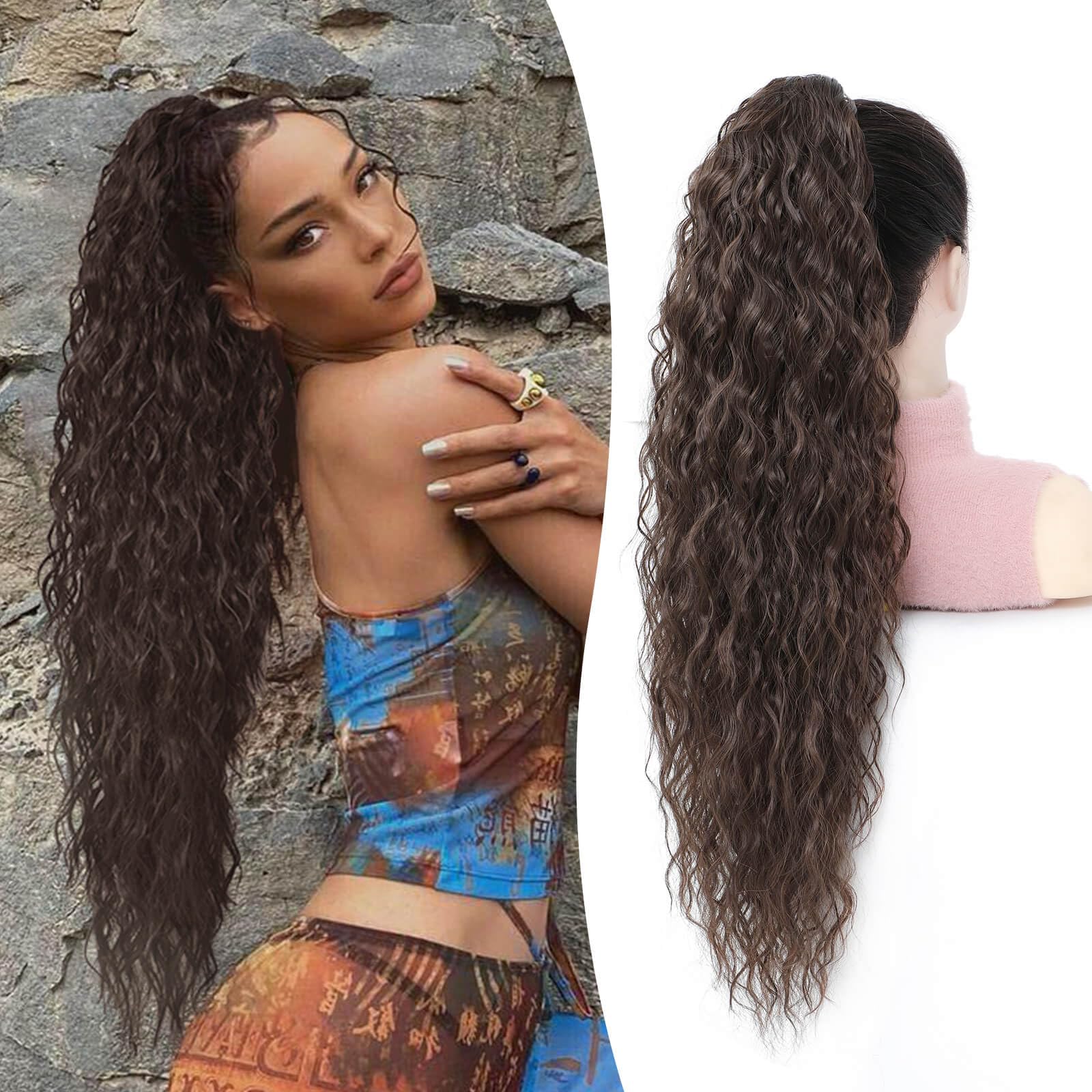 Flyroseing Chocolate Brown Ponytail Extension, 30inch Long Curly Wavy Hair Extensions Ponytail