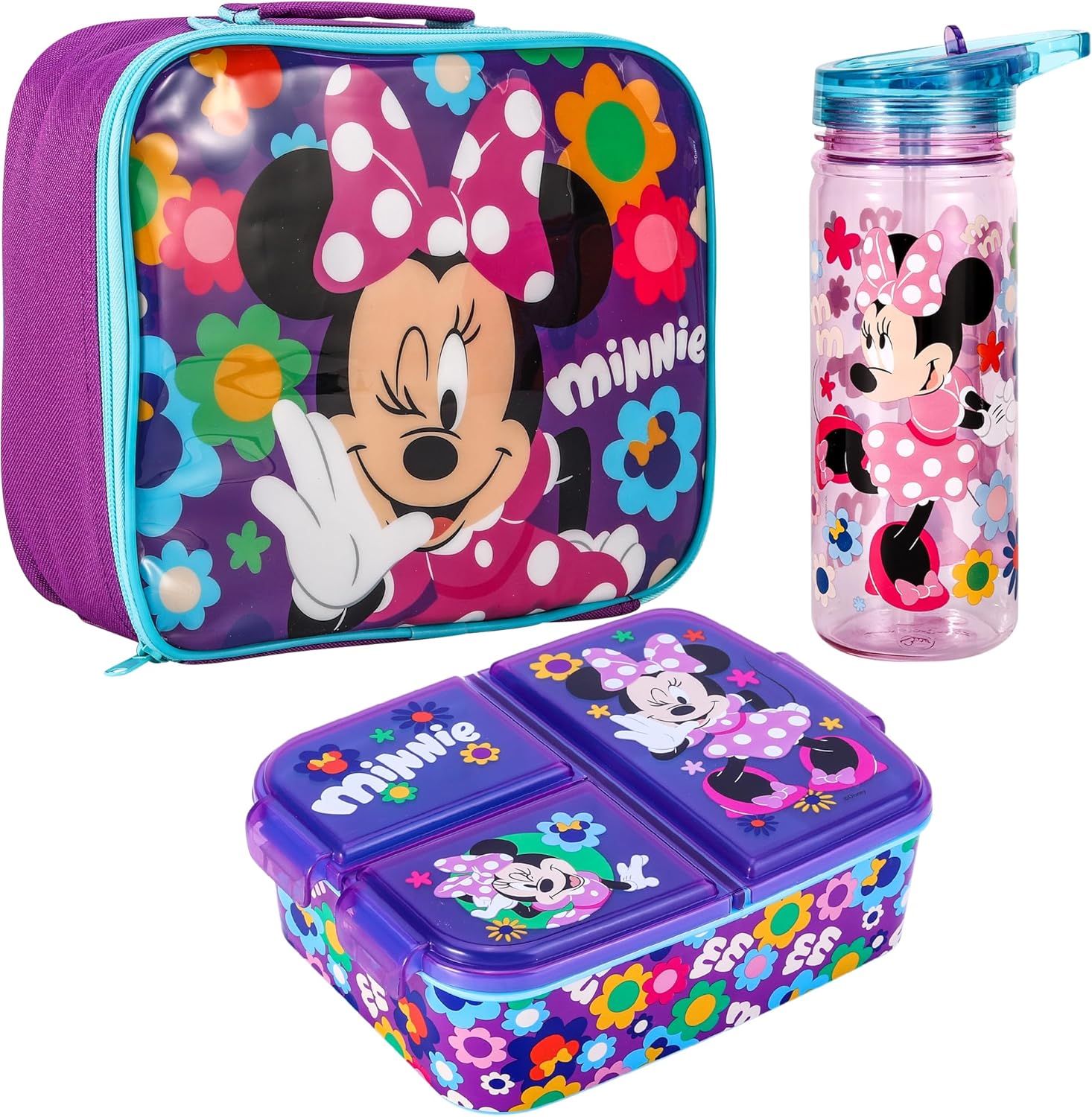 Zawadi Global Minnie Mouse Set Portapranzo per Bambini con Borsa Termica per il Pranzo, Contenitore Multiscomparto e Bottiglia d’Acqua da 580 ml per la Scuola, i Viaggi, Senza BPA