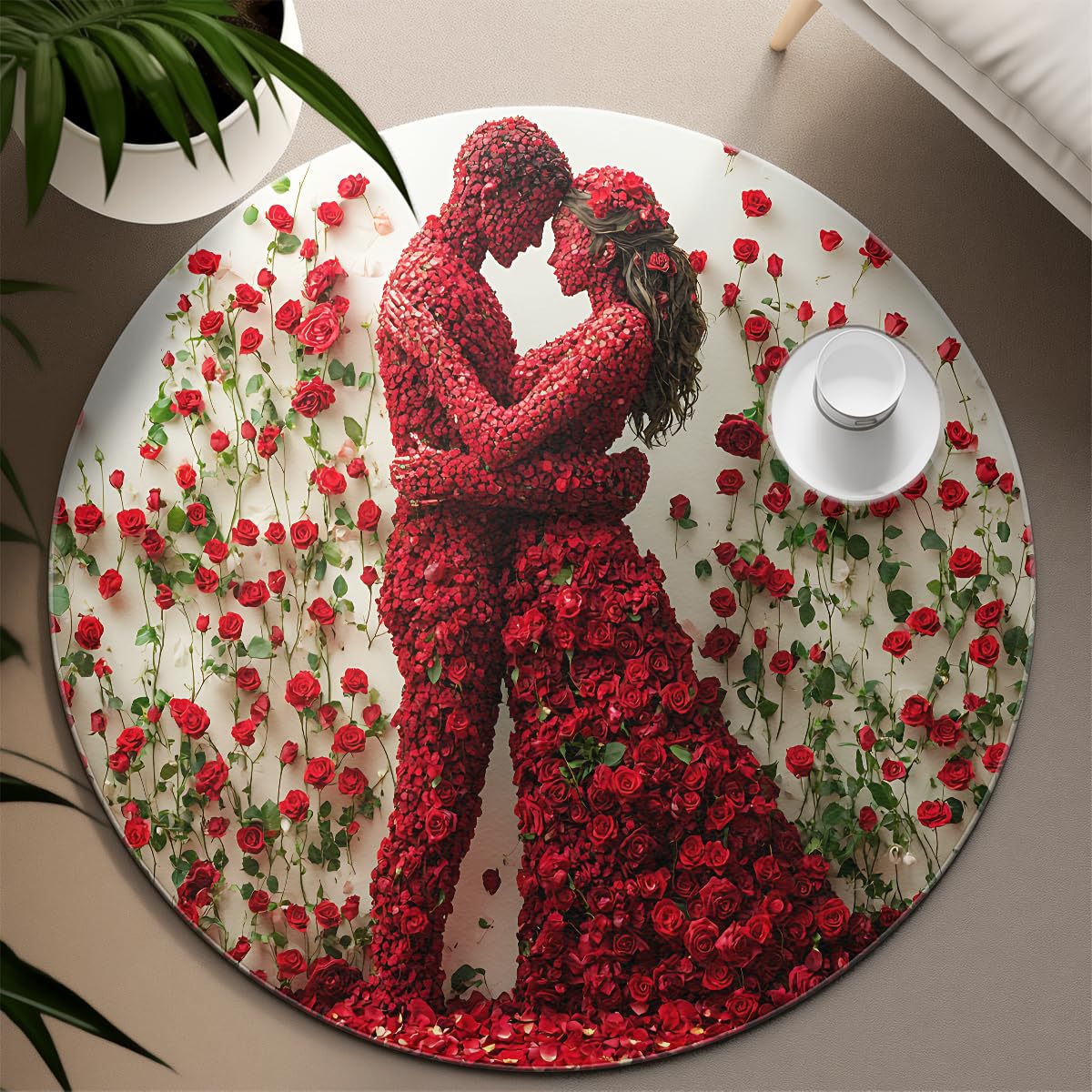 Tapis d'accueil silhouette de couple en fleurs cramoisies décoration luxueuse 200cm