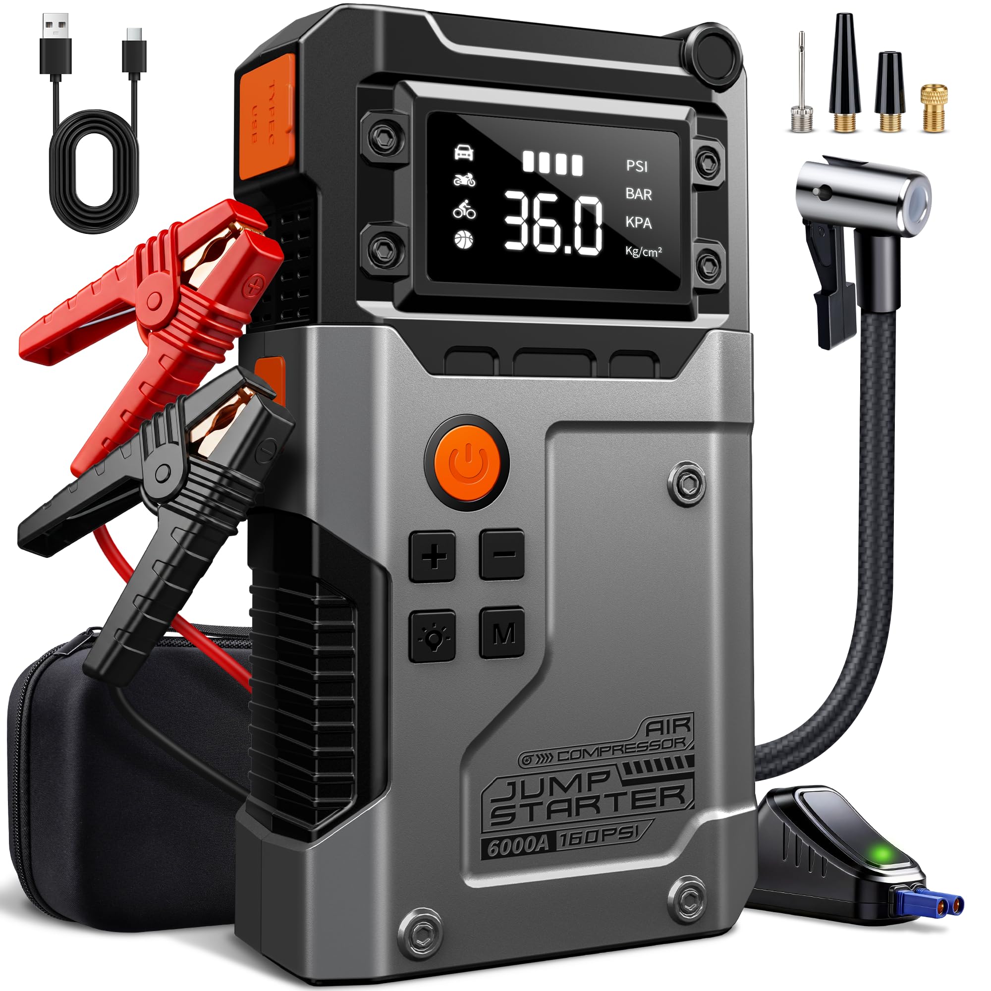 6000A Star thilfe Powerbank mit Kompressor 160PSI für Auto | Starthilfe Powerbank 6000A + 160PSI Kompressor. Geeignet für PKW, SUV, Motorrad, Boot. Verpolungsschutz. Inkl. LED-Lampe