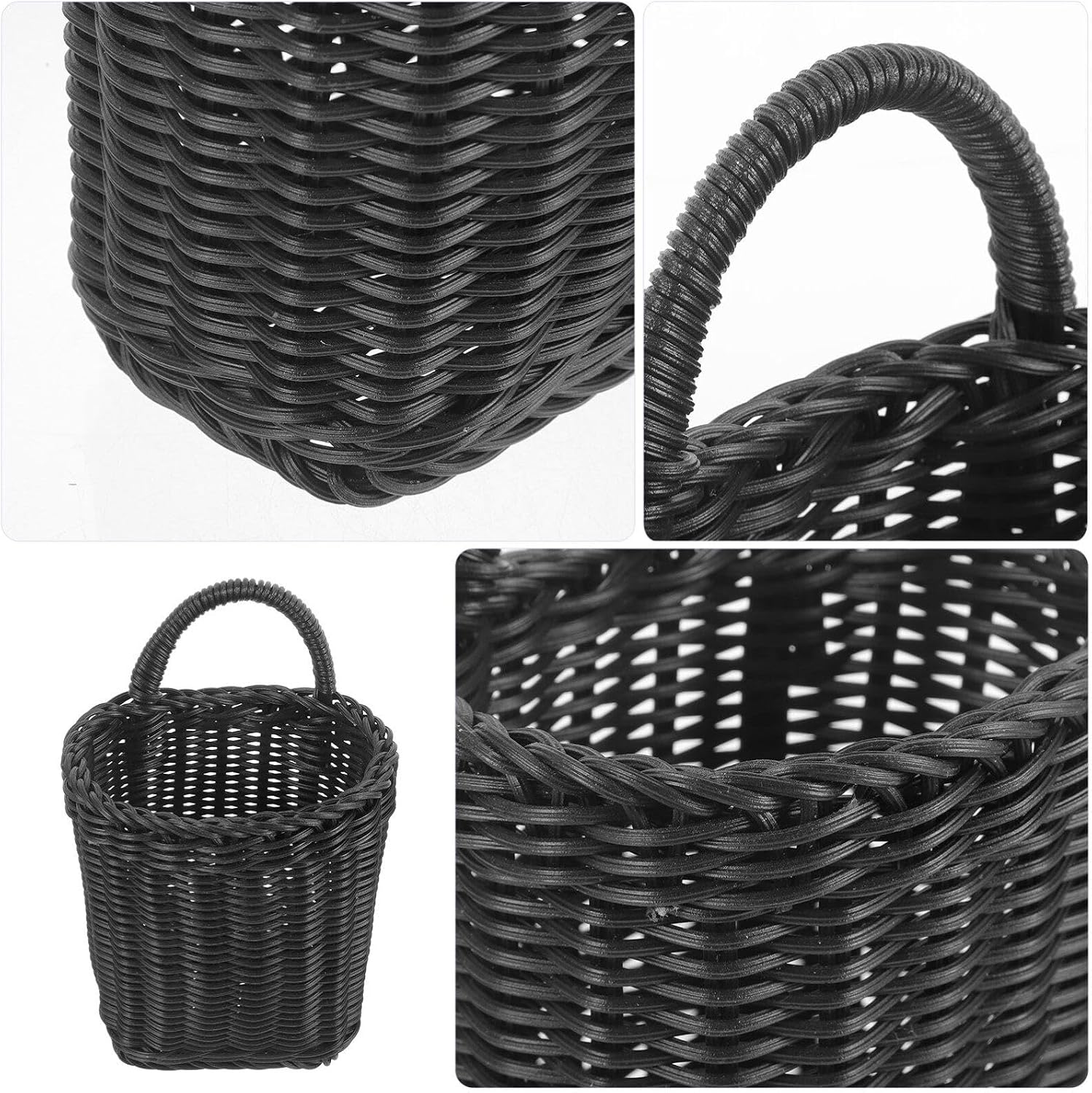 Kichvoe Woven Storage Basket Wall Hanging Wicker Wall Basket Plant Holder Flower Basket Shelf Basket Handmade Laundry Bins Organizer for Kitchen Bathroom Bedroom Black