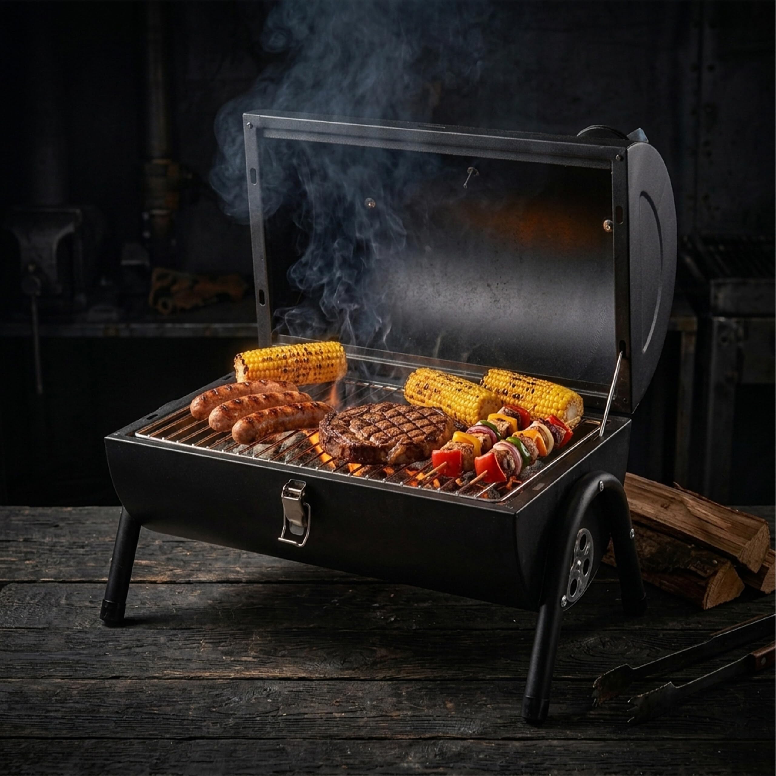 Relaxdays Grill da Campeggio, 2 vaschette Carbone, termometro, sfiato, Nero | 35 x 41 x 29 cm, grill da tavolo portatile