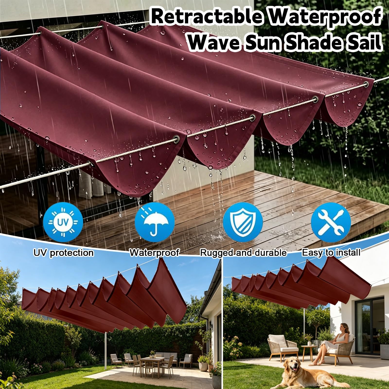 Toldo Retráctil de Onda 100 x 750 cm Impermeable Ondulada Toldos Exterior Protección Rayos UV Resistente Al Desgarro con Ojales y Cuerdas para Jardín Porche Patio Barbacoa, Vino Tinto