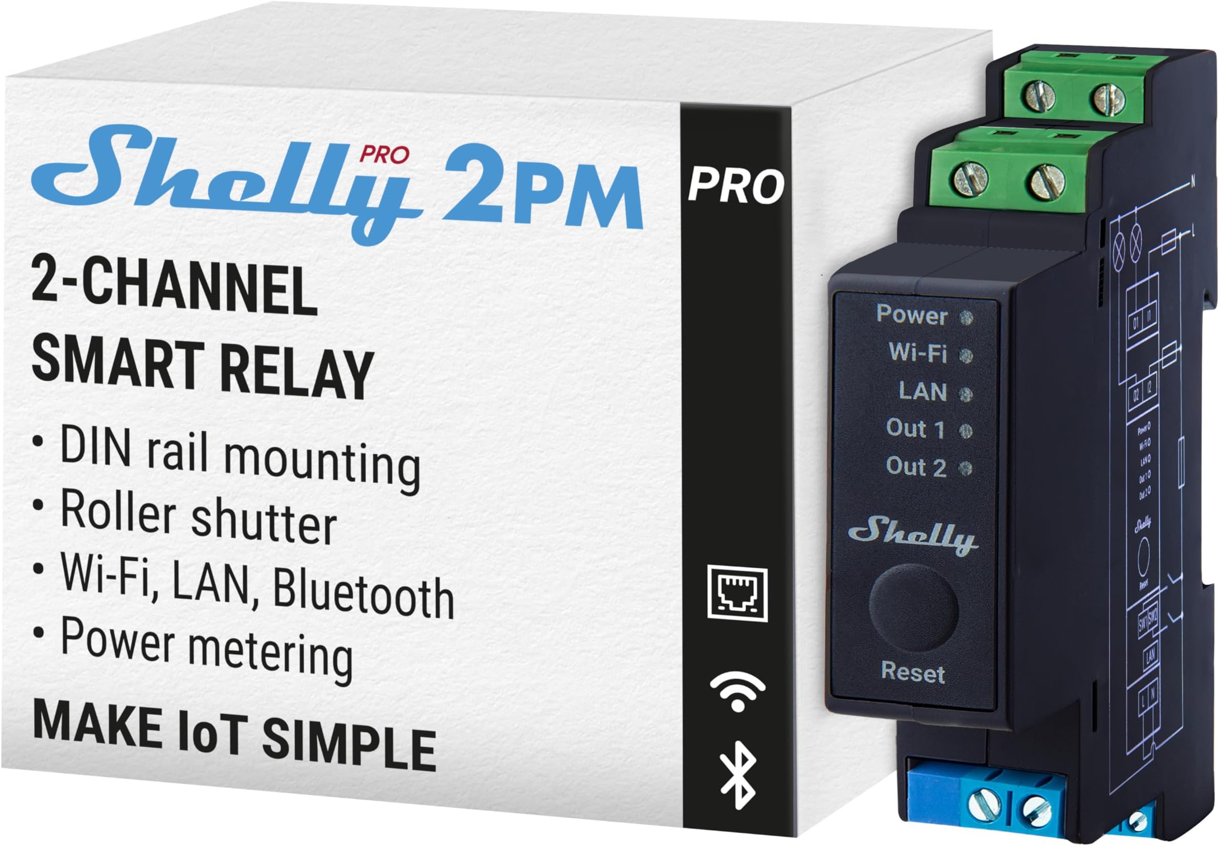 Shelly Pro 2PM, Wi-Fi 2-Channel Smart Relay Switch with Power Metering, Roller shutter remote control, Compatible With Alexa & Google Home, No Hub Required, DIN-rail Mount, iOS Android App