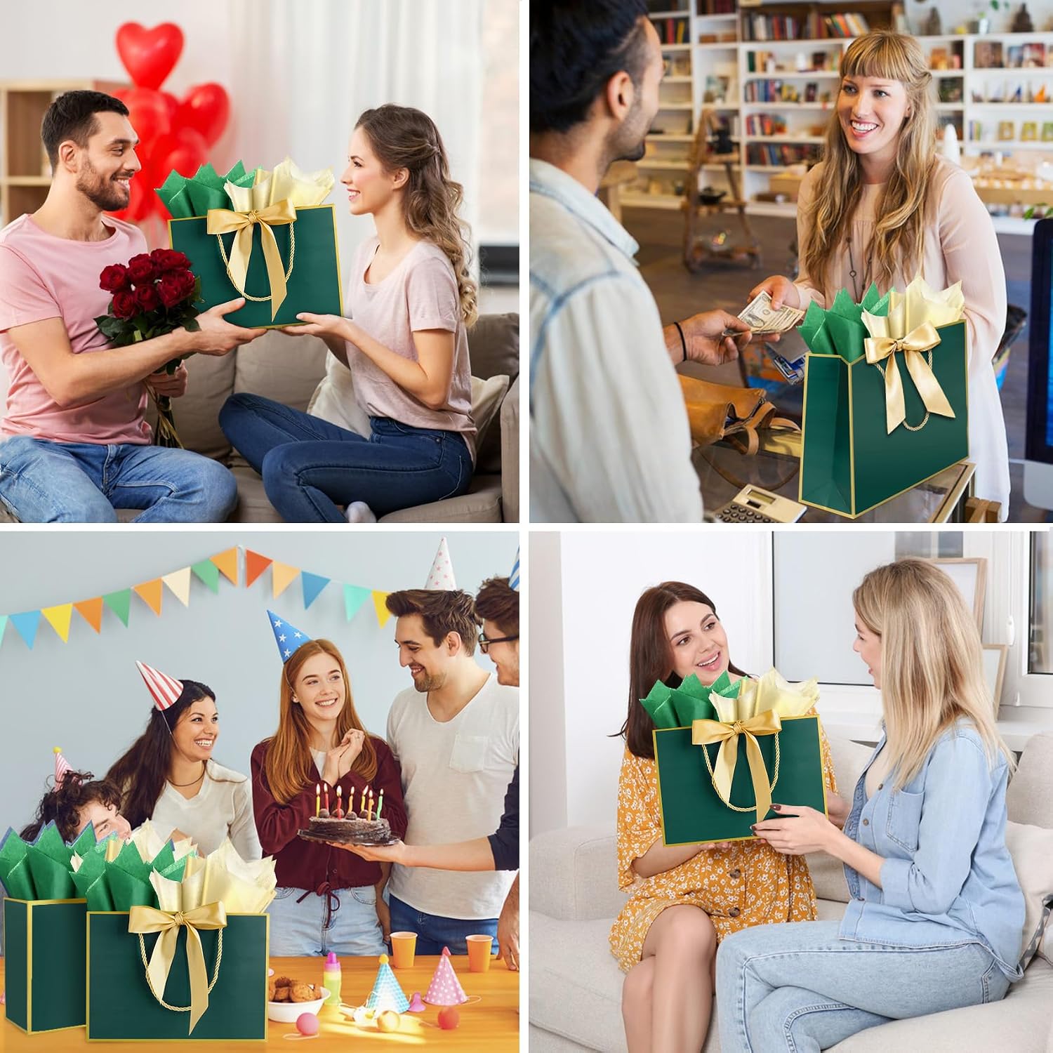 HONTIUS 15.75'' Extra Large Gift Bag, 10pcs Green Presents Big Paper Gift Bags, 40*30*12.5cm Wedding Birthday Party Favor Present Bridesmaid Gift Gifts Bag for Bridal Showers Valentine's Day Easter