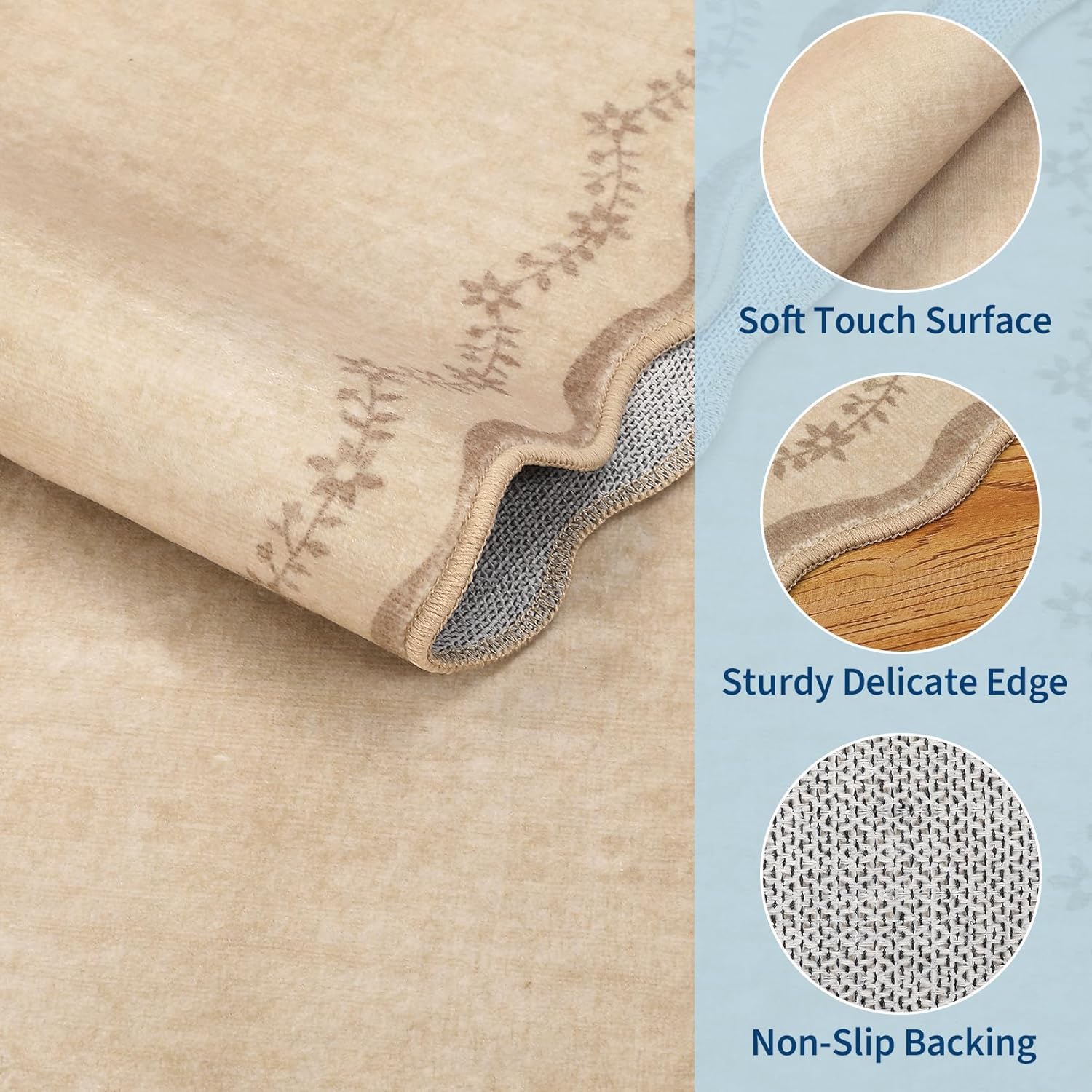 GarveeHome 2x6 Scalloped Washable Runner Rug for Kitchen, Soft Tan Jute Hallway Runner Non Slip Entryway Rug Farmhouse Thin Laundry Mat Stain Resistant Carpet for Bedroom Bathroom Beside Rug - Image 4