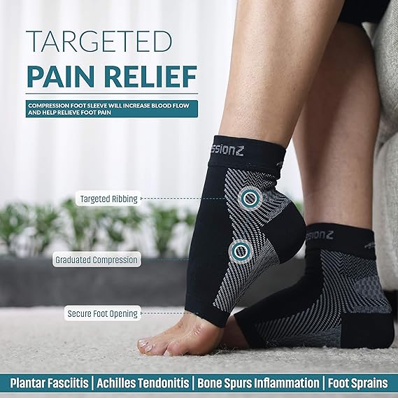 CompressionZ Plantar Fasciitis Socks - Compression Foot Sleeves. With Targeted Pain Relief. Best as Ankle Brace Arch Support, Pain Relief for Heel Spurs, Edema, and Achilles Tendonitis.