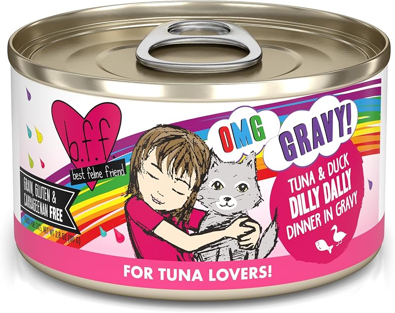 Ração úmida para gatos Weruva B.F.F. OMG Tuna & Duck Dilly Dally com atum e pato ao molho, pacote com 12 latas de 79 g
