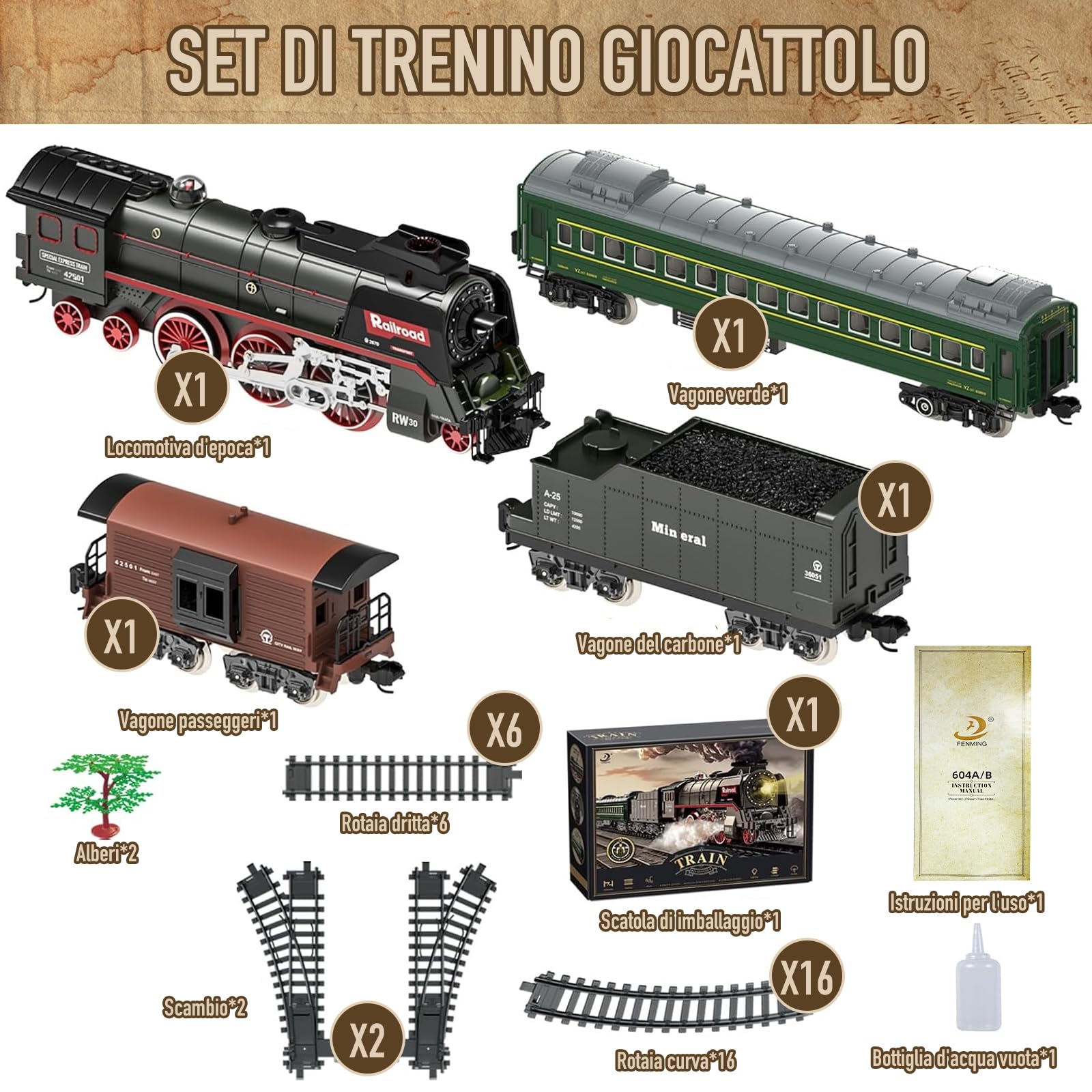 Trenino Elettrico per Bambini, Locomotiva, Locomotiva a Vapore Elettrica con Fumo Luminoso e Suono, Regali di Natale e Compleanno per Bambini