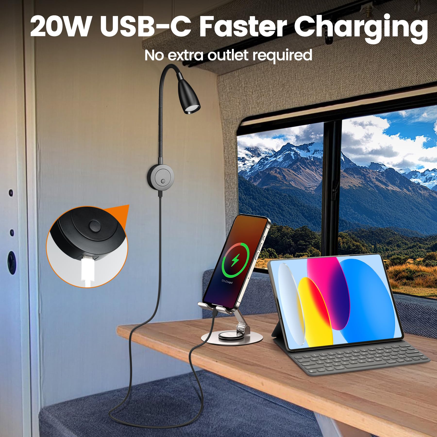 2W Lámparas de Lectura LED 12V/24V Autocaravana con Luz Blanca 4000K y Roja, USB-C 20W, Atenuar Luz de Lectura Liviana para Caravana, Campervan, Furgoneta, Barco, Yate, 2 pezzi (Negro)