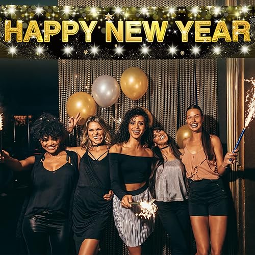 Miniatura 6 de Letrero grande de feliz año nuevo con luces LED para decoraciones de Navidad, cartel negro y dorado de 118 x 19.6 pulgadas con clips transparentes