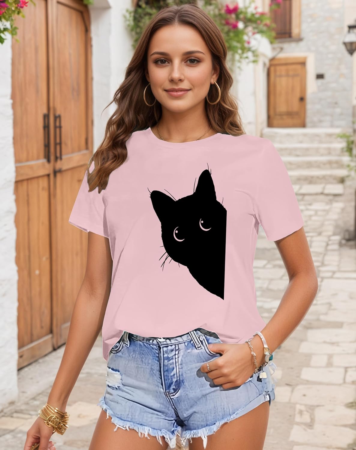 Cat Shirts for Women Black Cats Tshirt Animal Shirt Teen Girl Graphic Tops Casual Short Sleeve Clothes - Image 3