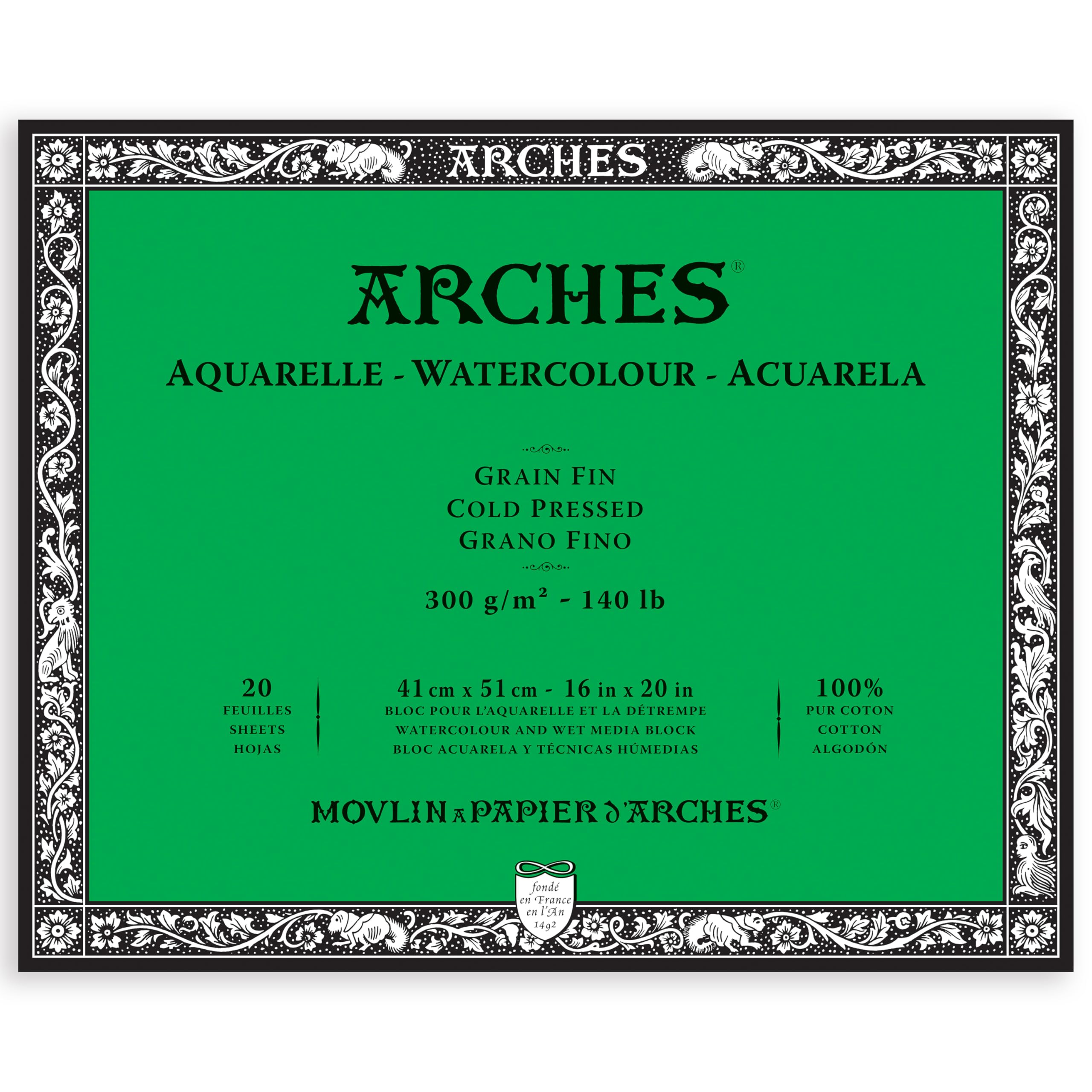 Arches Watercolor Bloc Papier Aquarelle Grain Fin 300G 41X51 cm 20 Feuilles, 100% Haders, Blanc Naturel, Set Pièces