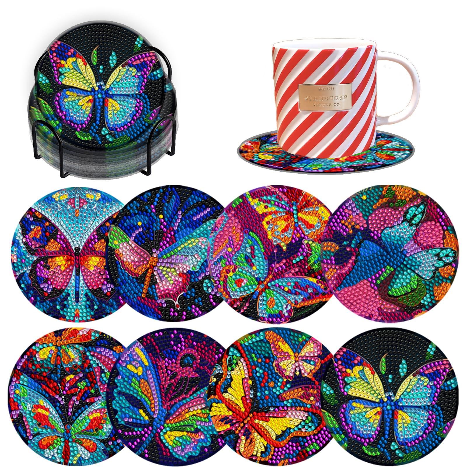 SGUBST Diamond Painting Coasters Kits, 8 Pcs Diamond Art Coasters with Holder, DIY Crafts Kits - Colorful Butterfly Coaster Diamond Art Kits for