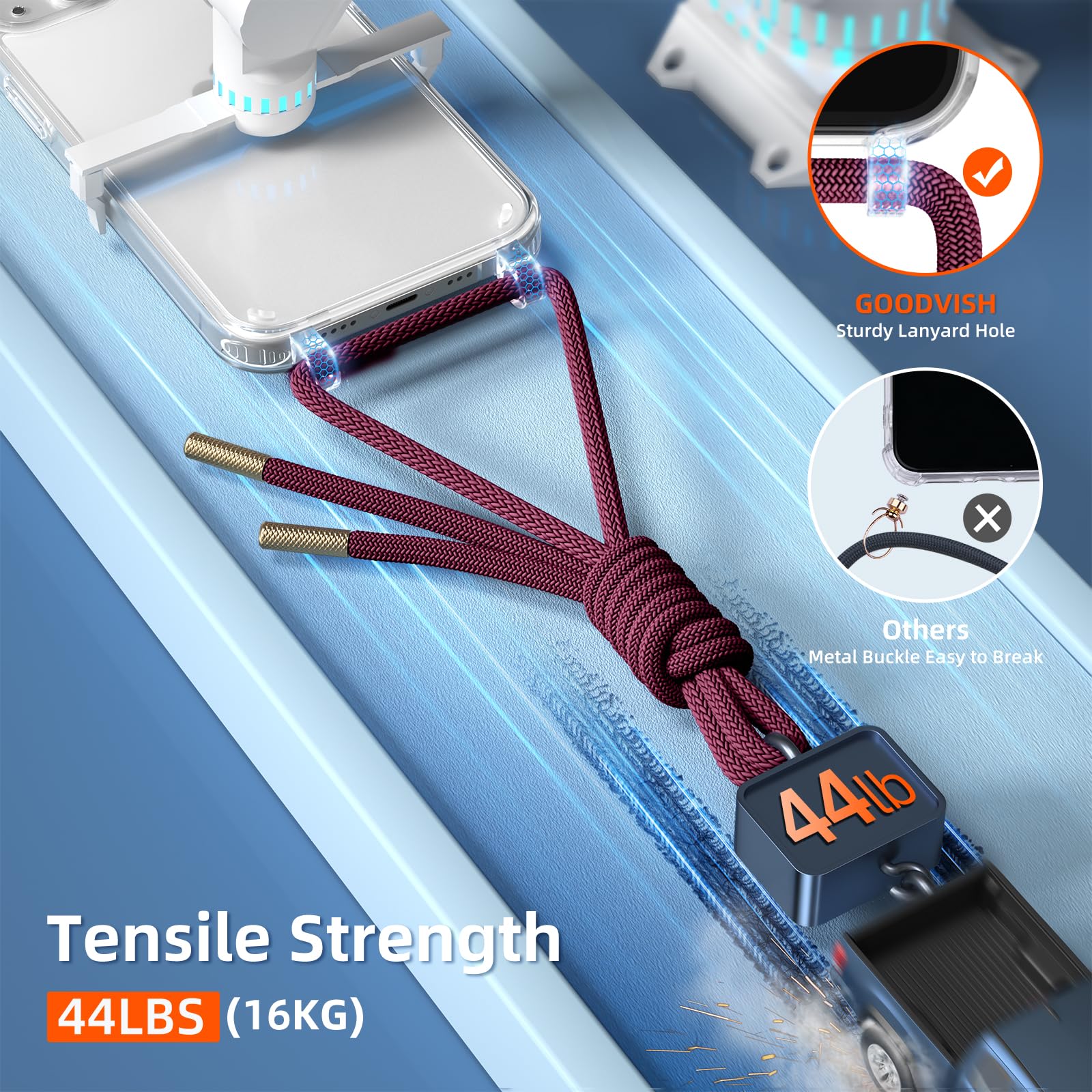 GOODVISH Cover Trasparente con Cordino per iPhone 14 6.1", Custodia con Regolabile Laccio Tracolla, [Antiurto] [AntiGraffio] [Antiscivolo] Case con Collana, Rosso vino