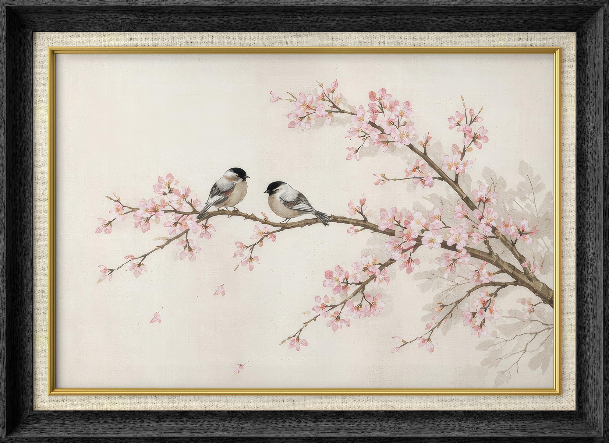 SIGNWIN Premium Frame Art Cherry Blossom Branch with Two Birds in Soft Spring Light Illustrations Fine Art Traditional