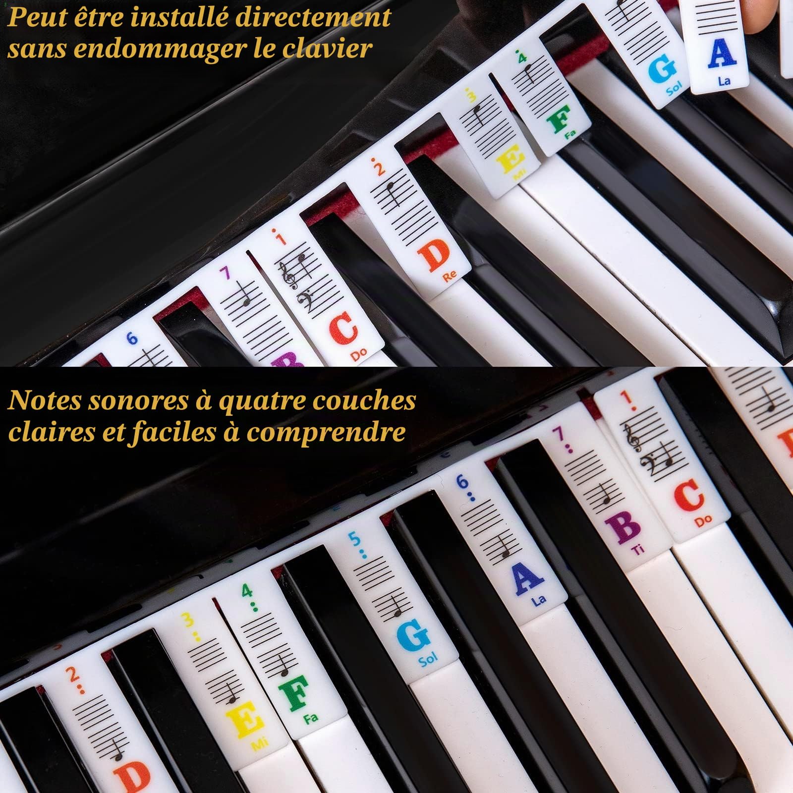 Guide de partitions de piano pour débutants - Étiquettes amovibles pour clavier de piano - Pour toutes les touches 88/61/54/49/37 - Pas besoin d'autocollants - Réutilisables - En silicone