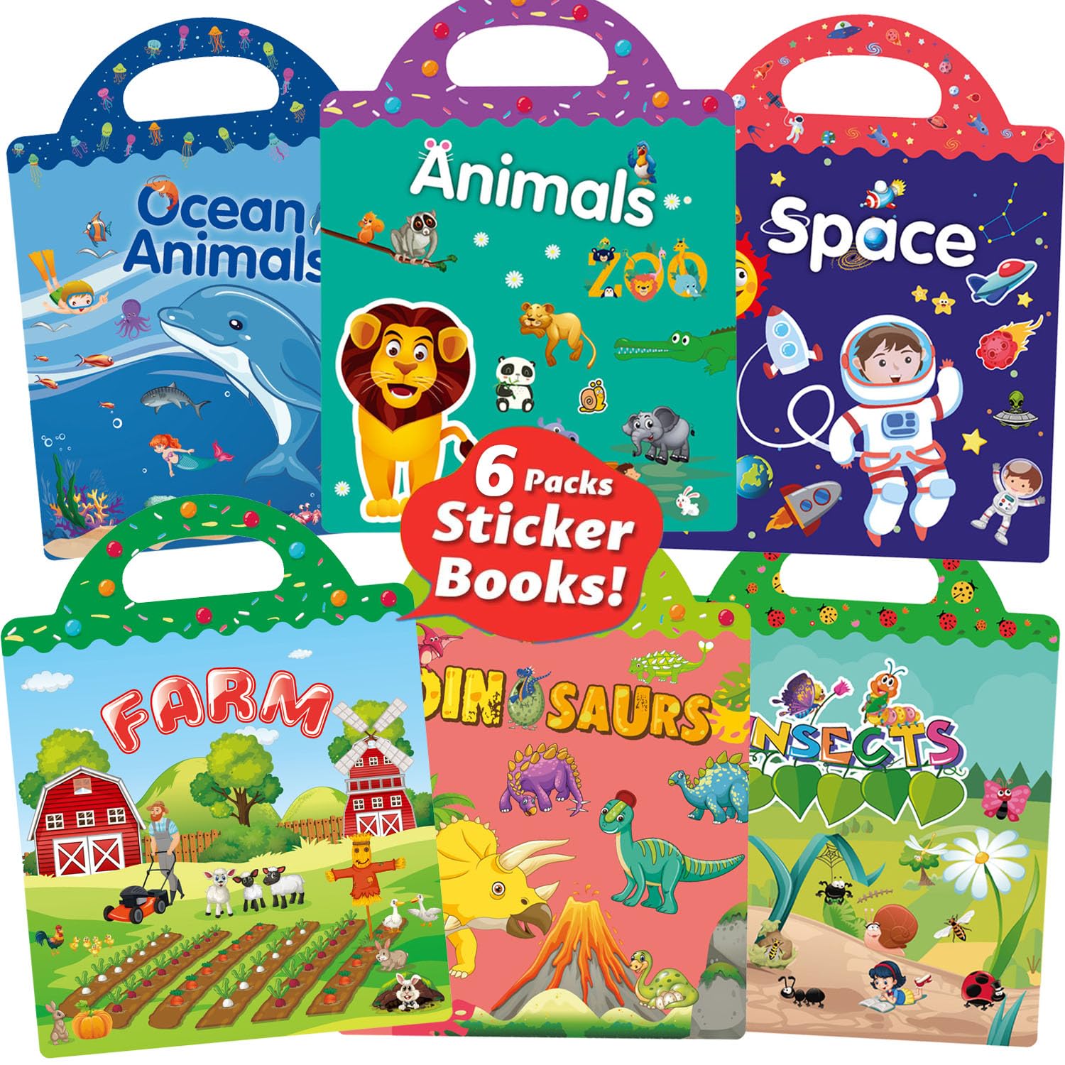 6 Set Puffy Sticker Books for Kids 2-4 Years Old 3D Reusable Sticker Books for Toddlers 1-3 Includes Farm, Animal, Dinosaurs, Ocean World, Space (Mixed 6 Pack)