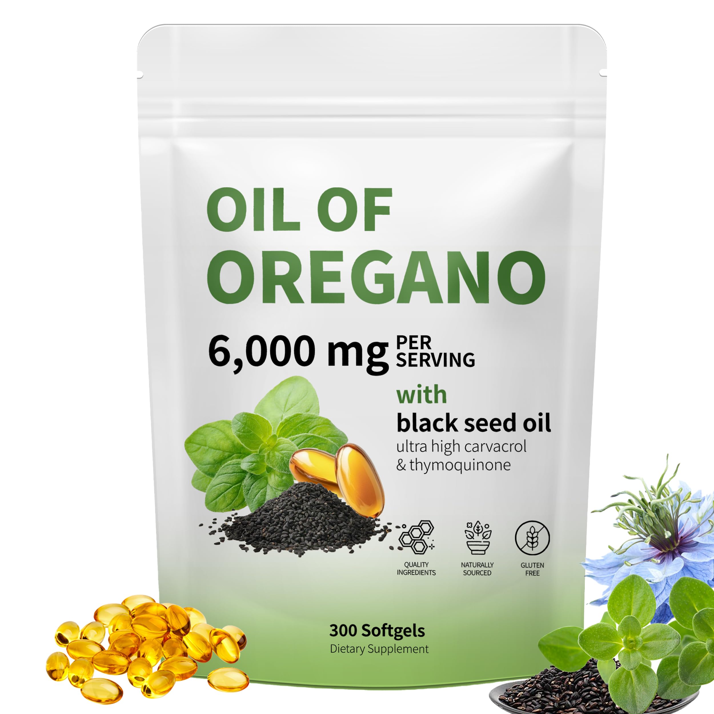 Oil of Oregano with Black Seed Oil - 300 Softgels, Oil of Oregano Capsules, Aceite de Orégano Capsulas, Immune Support, Non-GMO, Gluten Free, 6000MG 300 Softgels 1