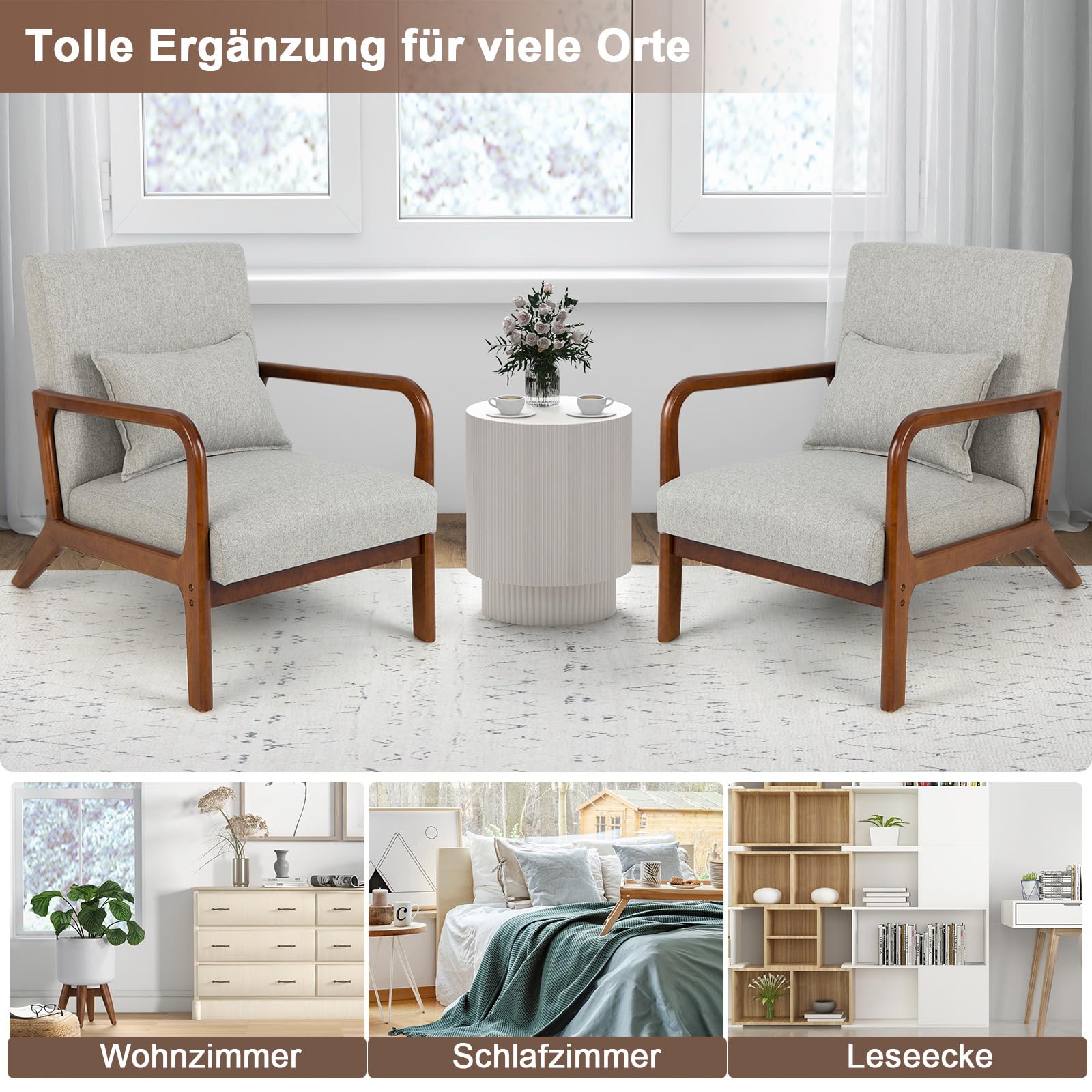 RELAX4LIFE Loungesessel Gepolstert, Akzentstuhl mit Massivholzrahmen, Relaxsessel mit Kissen Rückenlehne Armlehnen, bis 200 kg belastbar, Polstersessel für Wohnzimmer Schlafzimmer Büro (Grau)