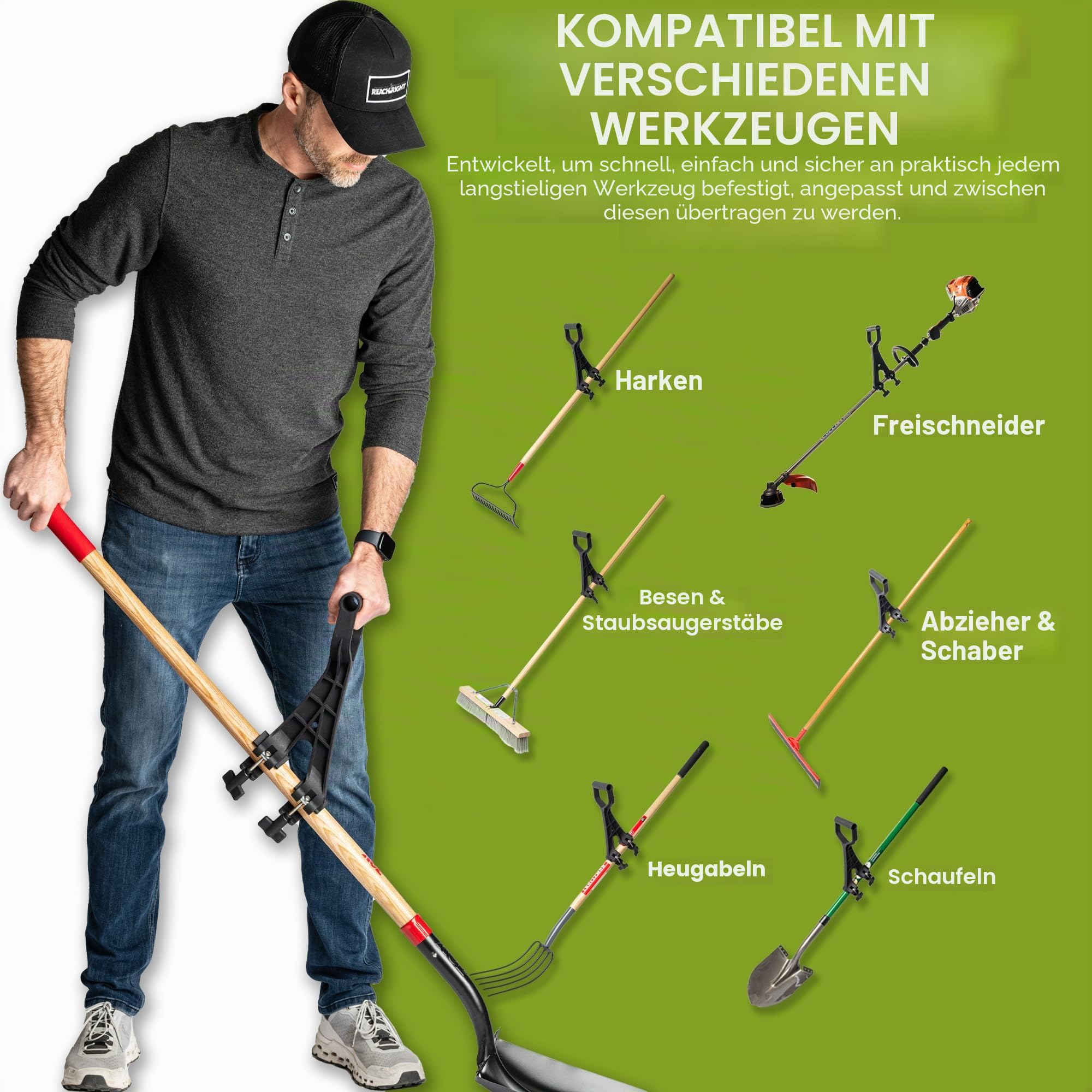 Reach Right Rückenschonender Aufsatz, verwandelt normales Werkzeug in ergonomisches Hof-Werkzeug, Rückenschoner-Griffbefestigung, universell passend für Unkrautfresser, Schneeschaufel, Rasentrimmer,