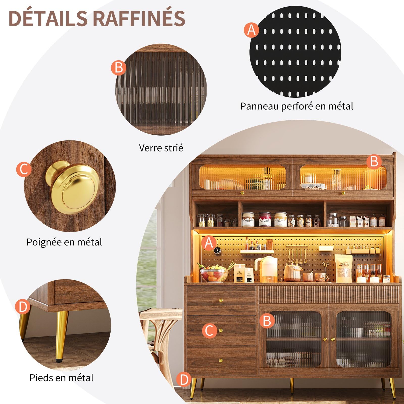 KOMHTOM Buffet Haut Cuisine 145x39x171 cm, LED RGB, Noyer