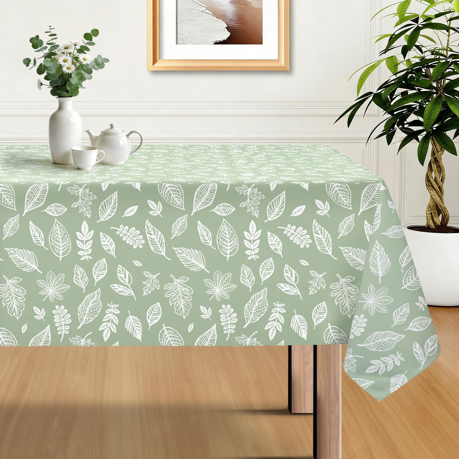 hometrixx Spring Summer Rectangle Table Cloth Leaves Washable Wipeable Polyester Tablecloth Stain Wrinkle Resistant Oil Proof Table Cover Decorations for Dinner Picnic,152×213cm Sage Green