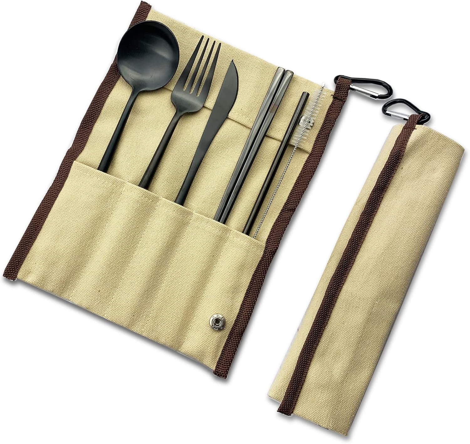 JASHII Portable Utensils, Travel Camping Cutlery Set, 7-Piece 304 Stainless Steel Flatware set including Knife Fork Spoon Chopsticks Cleaning Brush Straws Portable Case, Black - Khaki Pouch