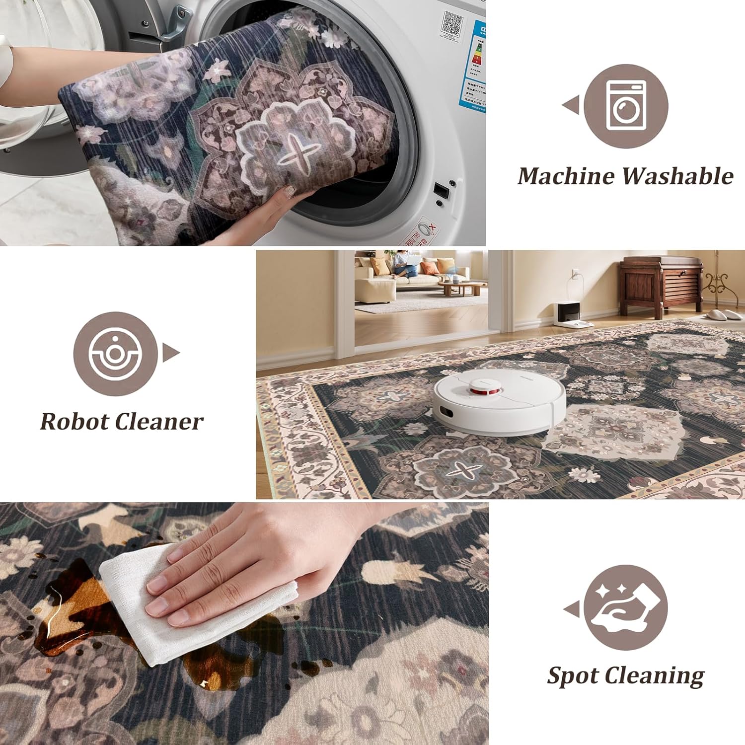Vhong Boho 5x7 Area Rugs Vintage Washable Neutral Modern Non Slip Carpet for Living Room Dining Room Bedroom Farmhouse Black Brown