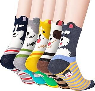 5 Pairs Women Socks for Size 4-8 Cute Dog Patterns Animal Themed Cotton Crew Socks Christmas Gifts for Women
