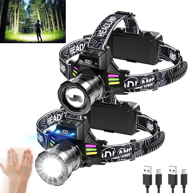 2 Pack Head Lamps led Rechargeable Super Bright 3000 Lumens Bright Headlight for Adults with 7 Modes, Motion Sensor & Digital Display Waterproof for Camping, Hiking, Running, Luminous Strip