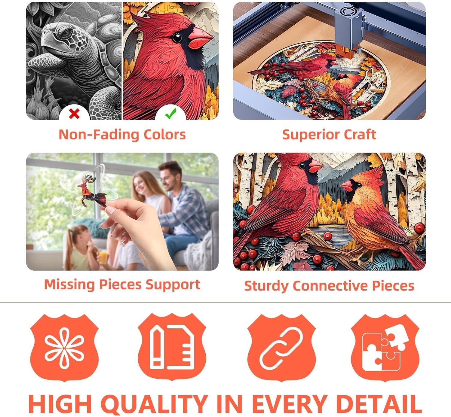 Wooden Puzzles for Adults - Colorful Cardinal Puzzle, Unique Shape Wooden Jigsaw Puzzle, Paper Sculpture Modern Art Home Decor, Wood Puzzles Adult, Good Gift Idea (M-11.4 * 11.4in 200 Pieces)