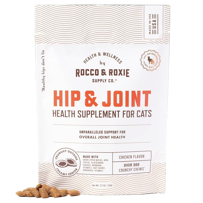 Suplemento para Gatos para Quadril e Articulações Rocco & Roxie Supply Co., Mastigáveis Crocantes com Glucosamina e Mexilhão-de-Lábios-Verdes, Sabor Frango, 105 g