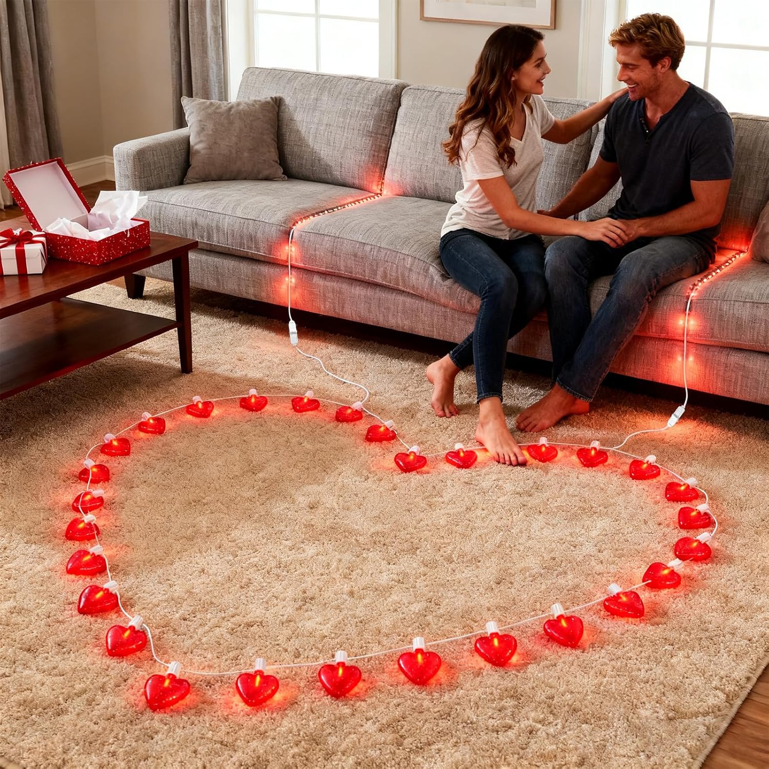 20Ft Valentine's Day String Lights Outdoor with Glitter 3D Red Heart Shaped Lights, 22 Dimmable LED Bulbs(2 Spare) Waterproof for Indoor Outdoor Wedding Anniversary Party Valentine's Day Decorations