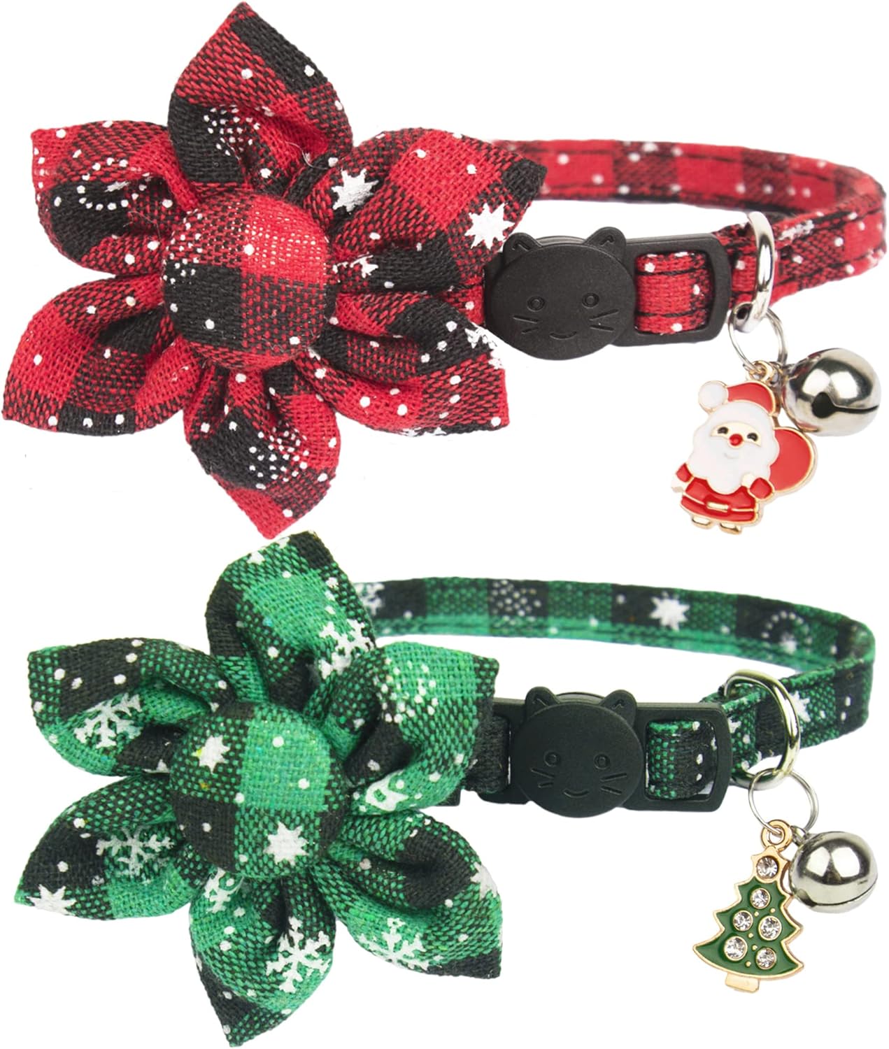 ADOGGYGO Christmas Cat Collars with Flower Bell, 2 Pack Breakaway Cat
