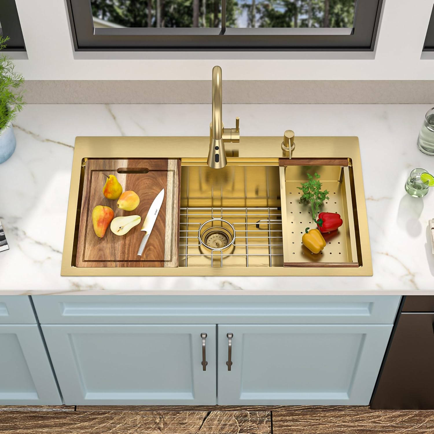 33"x19" Drop In Workstation Kitchen Sink – Brushed Gold NANO-PVD, 16 Gauge T304 Stainless Steel, Single Bowl Luxury Top Mount Sink with Faucet Combo & Soap Dispenser
