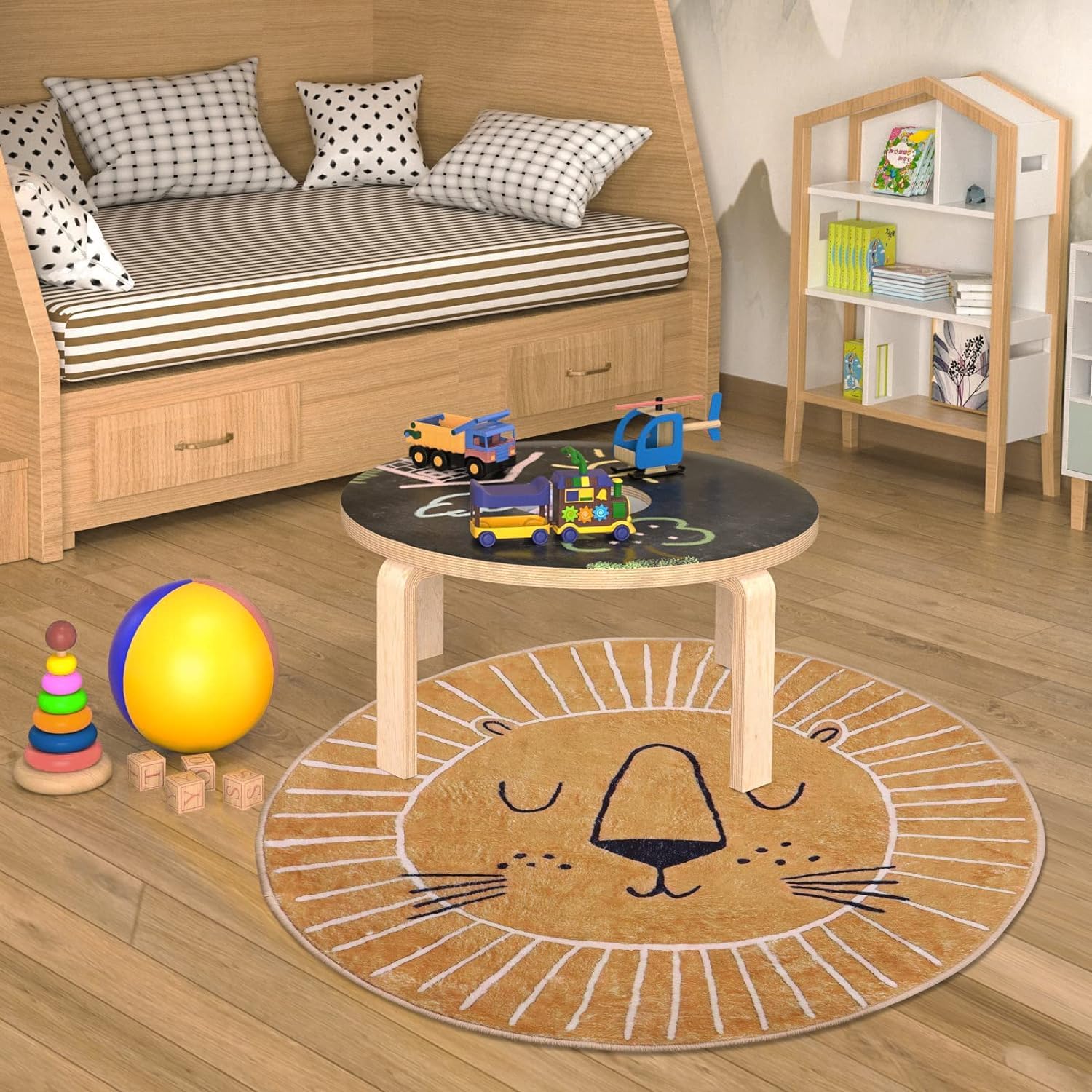 Tapis Rond Marron et Jaune, Motif tête de Lion, Tapis pour Enfant, Dessous antidérapant, Lavable, Tapis de Jeu intérieur et extérieur (120x120cm)