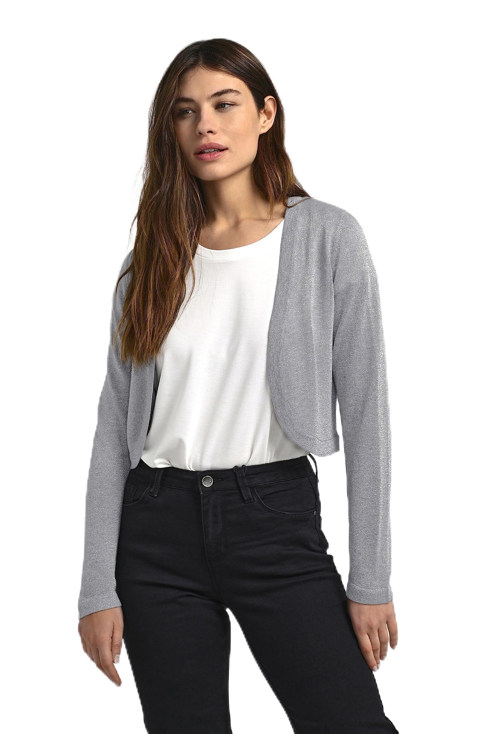 KAFFE Women's Bolero Slim Fit Long Sleeves Open Front Rounded Edges, Grey Mel. W. Silver Lurex, XS