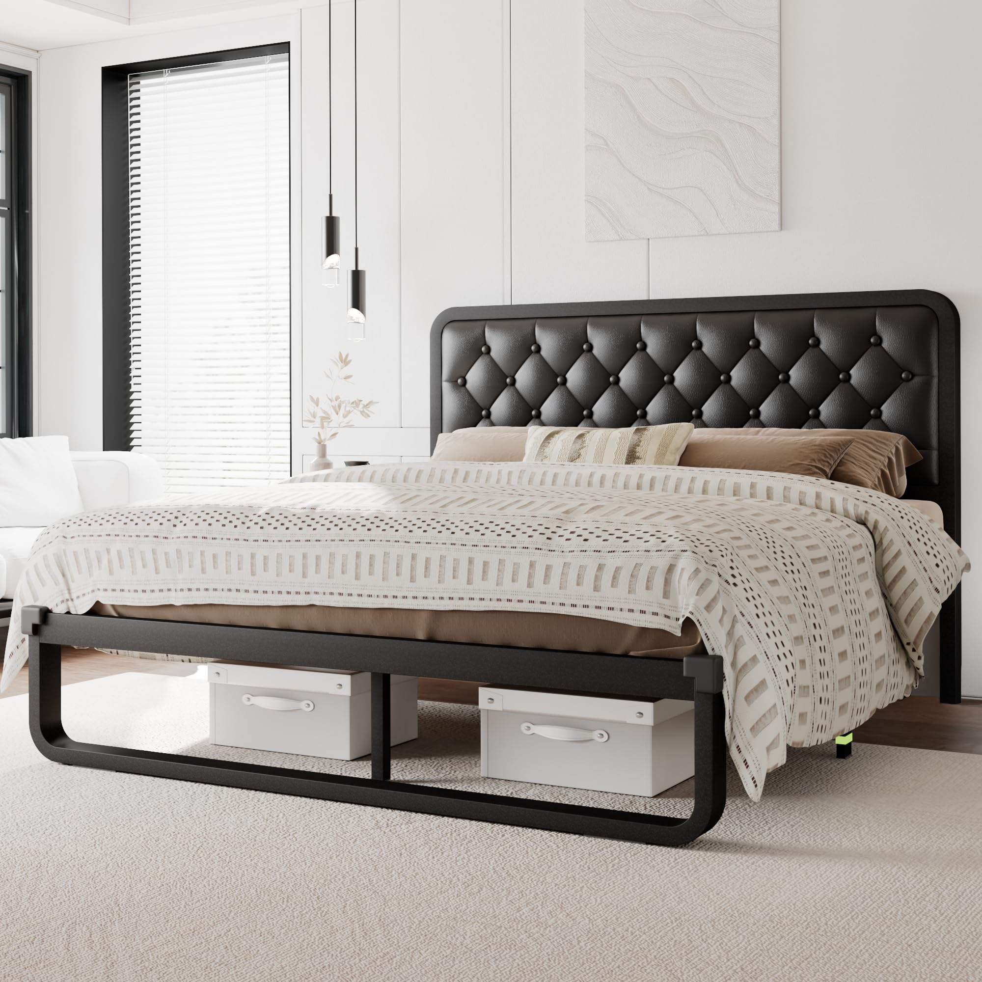 GalnFu Full Size Bed Frame, Curved Metal Platform Bed Frame with Faux Leather Headboard, 12 Inch Under-Bed Space, No Box Spring Needed, Easy Assembly,