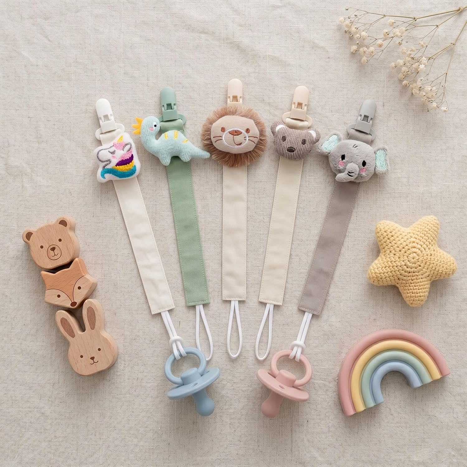 5 Pack Pacifier Clip for Baby Boys and Girls, Multicolor Fabric Straps,5pcs Straps, Approx. 11 in / 29 cm, Resin Clips with Inner Grip Design, Fits Most Pacifiers with Handles