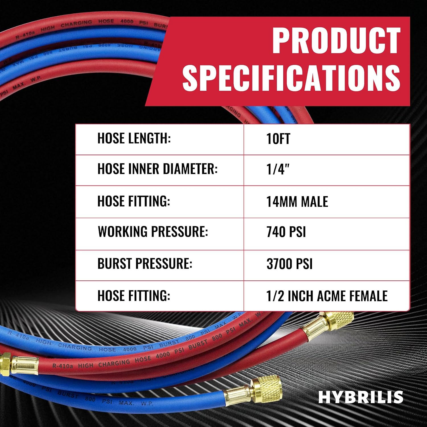 10FT 34722 Enviro-Guard Hose Set for Robinair HVAC Hoses, Red & Blue R-134a Enviro Guard Hose Set for Robinair 34788, 34288, 34134Z RRR Machines, 740 PSI Working Pressure 3700 PSI Burst Pressure
