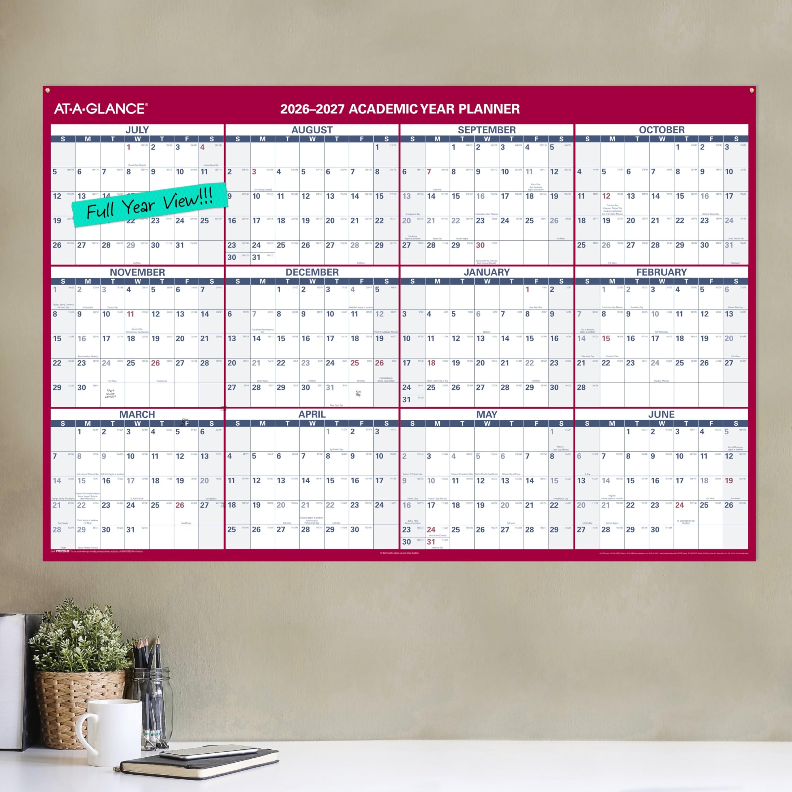 AT-A-GLANCE PM326S28 Kalender 2026–2027, trocken abwischbar, akademischer und normaler Jahresplaner, 12 Monate, 121,9 x 81,3 cm, doppelseitig, horizontal