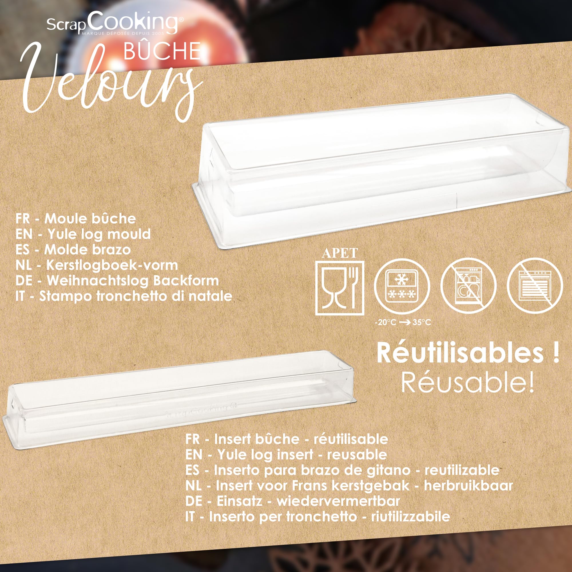 ScrapCooking - Coffret Bûche de Noël « Velours » - Kit Moules & Ingrédients - Insert Bûche & Moule Tuiles Flocons - Gouttière Pâtisserie - Dessert Réveillon - Avec Recette Bûche 3 Chocolats - 1942