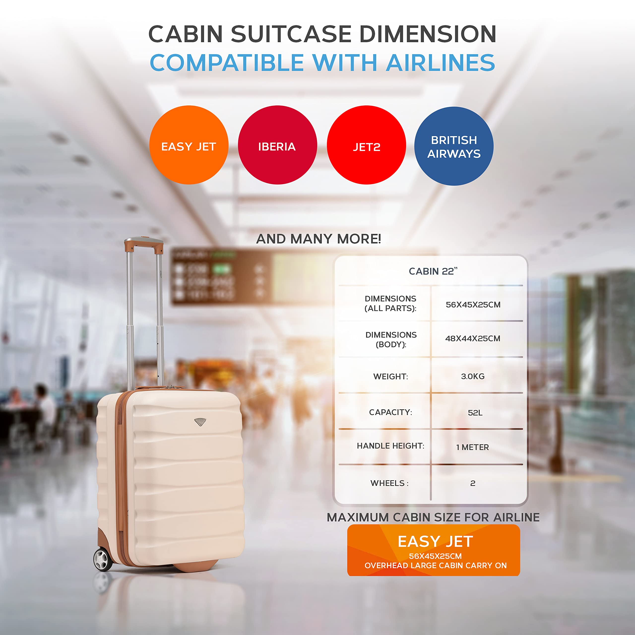 Flight Knight Lightweight 2 Wheel ABS Hard Case Suitcases Cabin Carry On Hand Luggage Approved for Airlines Including British Airways & Maximum Size for easyJet Large Cabin Bag 56x45x25cm