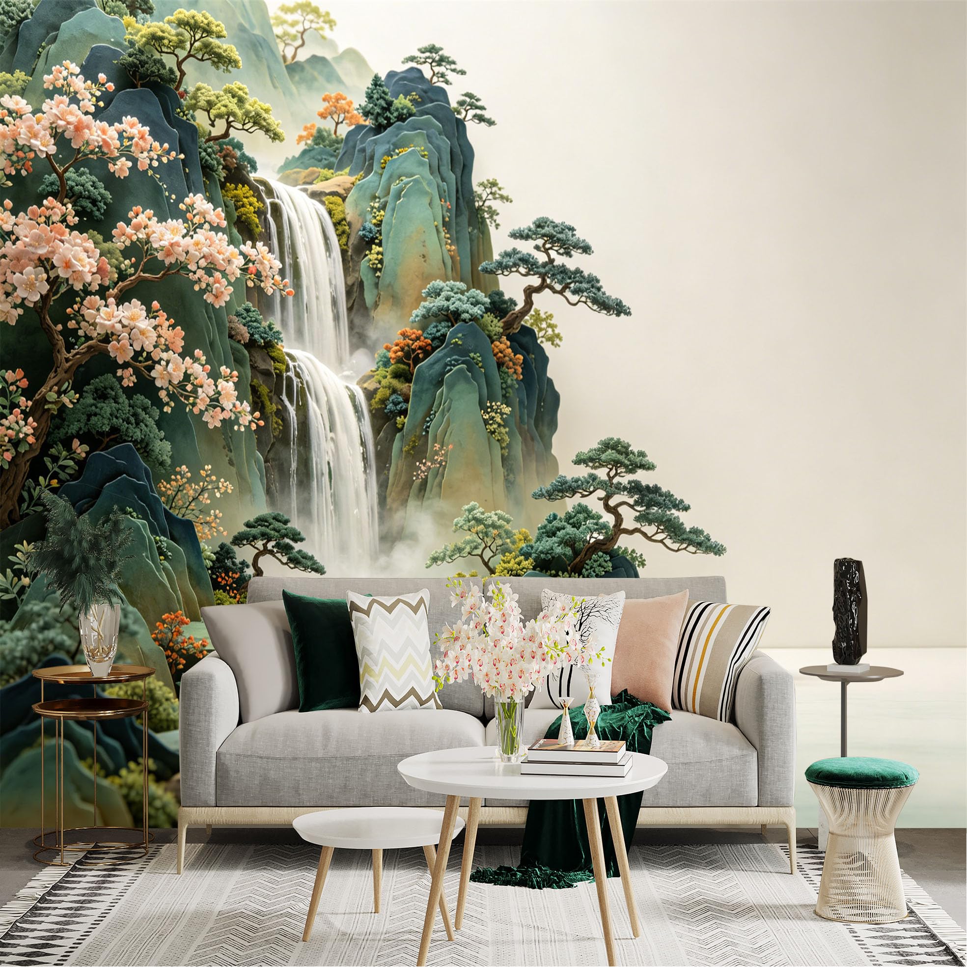 Lnzczhyre Dbh260521035 Custom Size Wall Sticker Mural， Oriental Waterfall Landscape， Blooming Cherry Blossom Trees， Misty Mountain Scenery， Serene Nature Art， For Wall Decoration， Peelandstick Wall Decals.