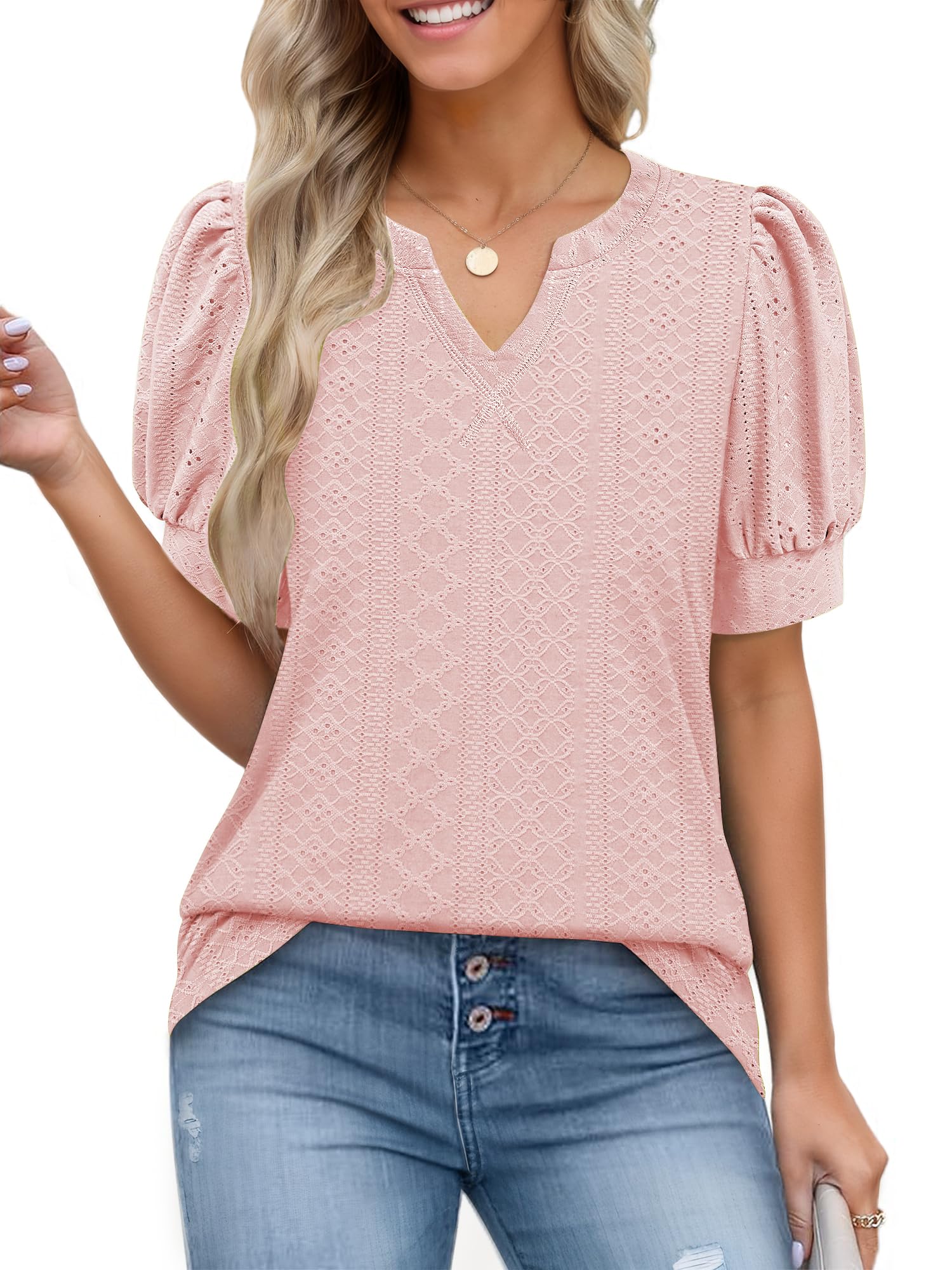 womens puff short sleeve tops: 2025 summer spring blouses dressy casual eyelet embroidery trendy v neck business work t shirt